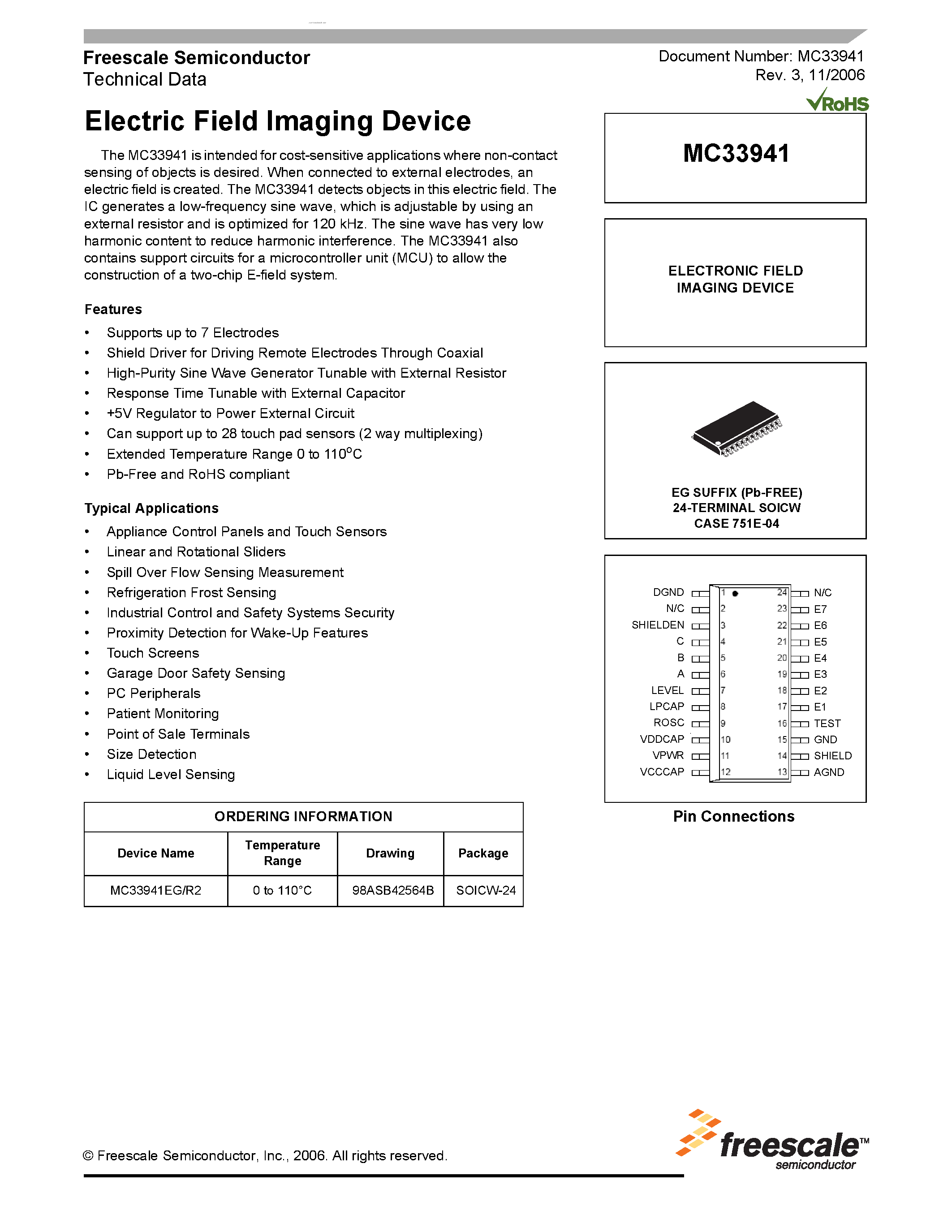 Даташит на микросхему MC33941 страница 1 Даташит MC33941 - Electric Field Imaging Device страница 1