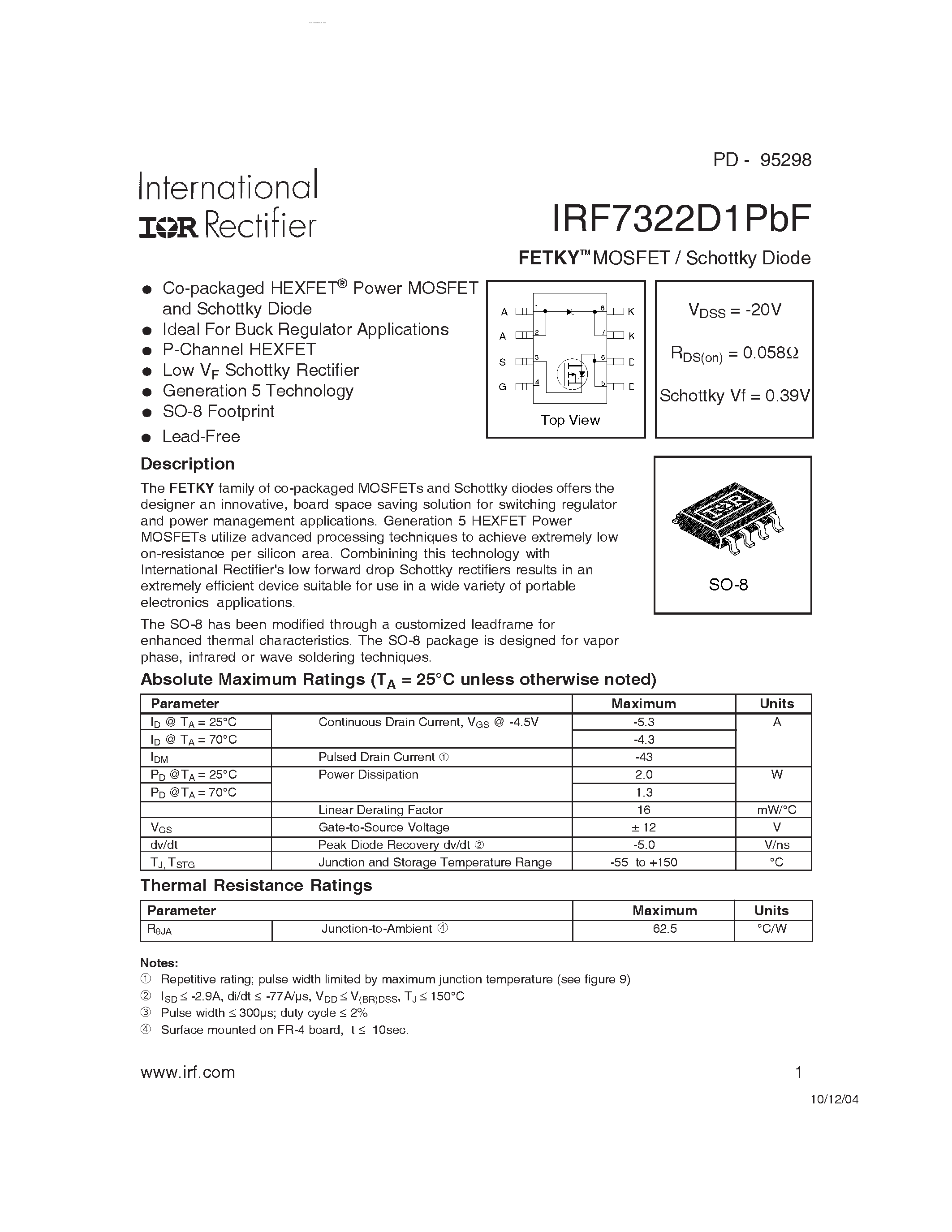 Datasheet IRF7322D1PBF - FETKY MOSFET / Schottky Diode page 1