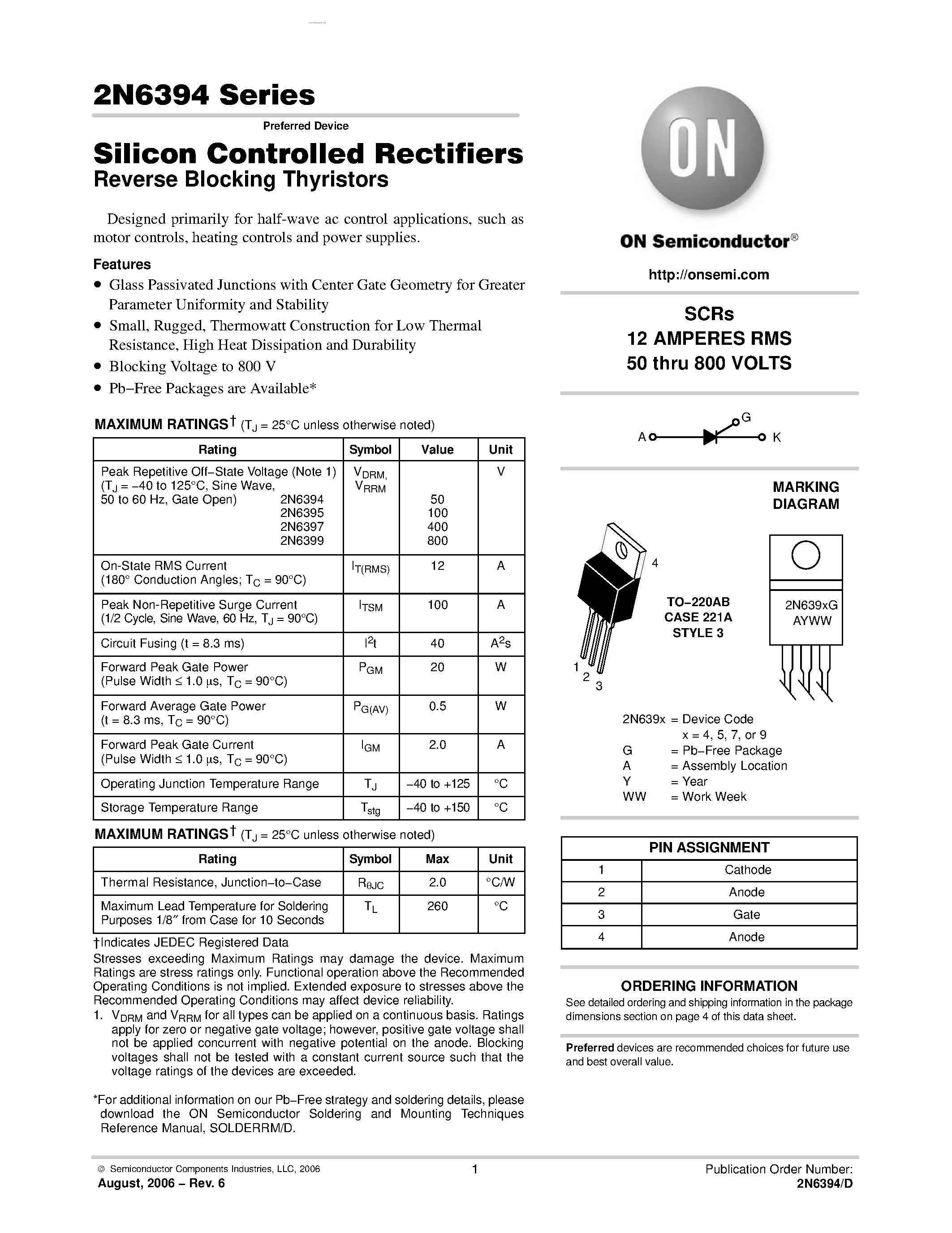 Datasheet 2N6394 page 1 Datasheet 2N6394 - (2N6394 - 2N6399) Silicon Controlled Rectifiers page 1