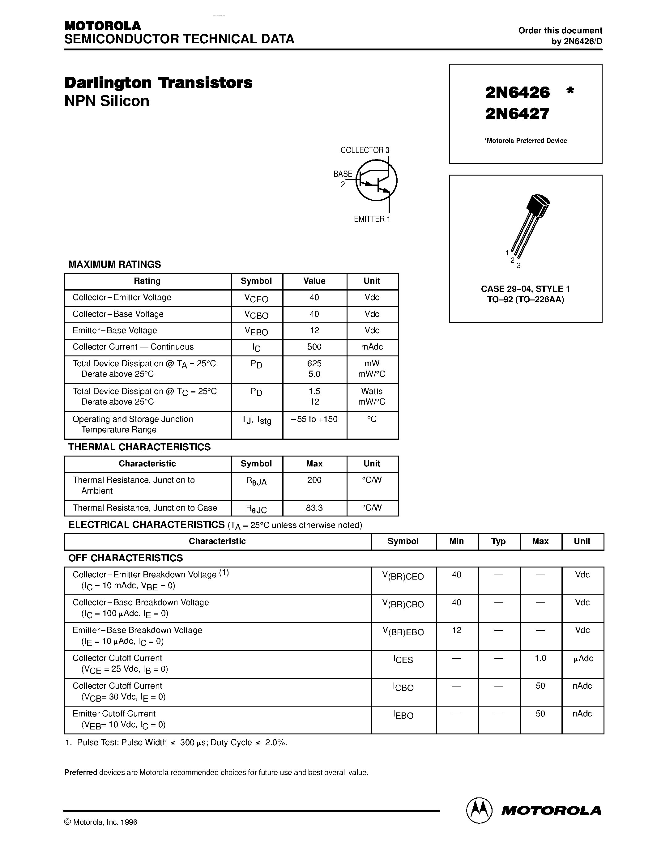 Даташит 2N6426 - (2N6426 / 2N6427) Darlington Transistors(NPN Silicon) страница 1