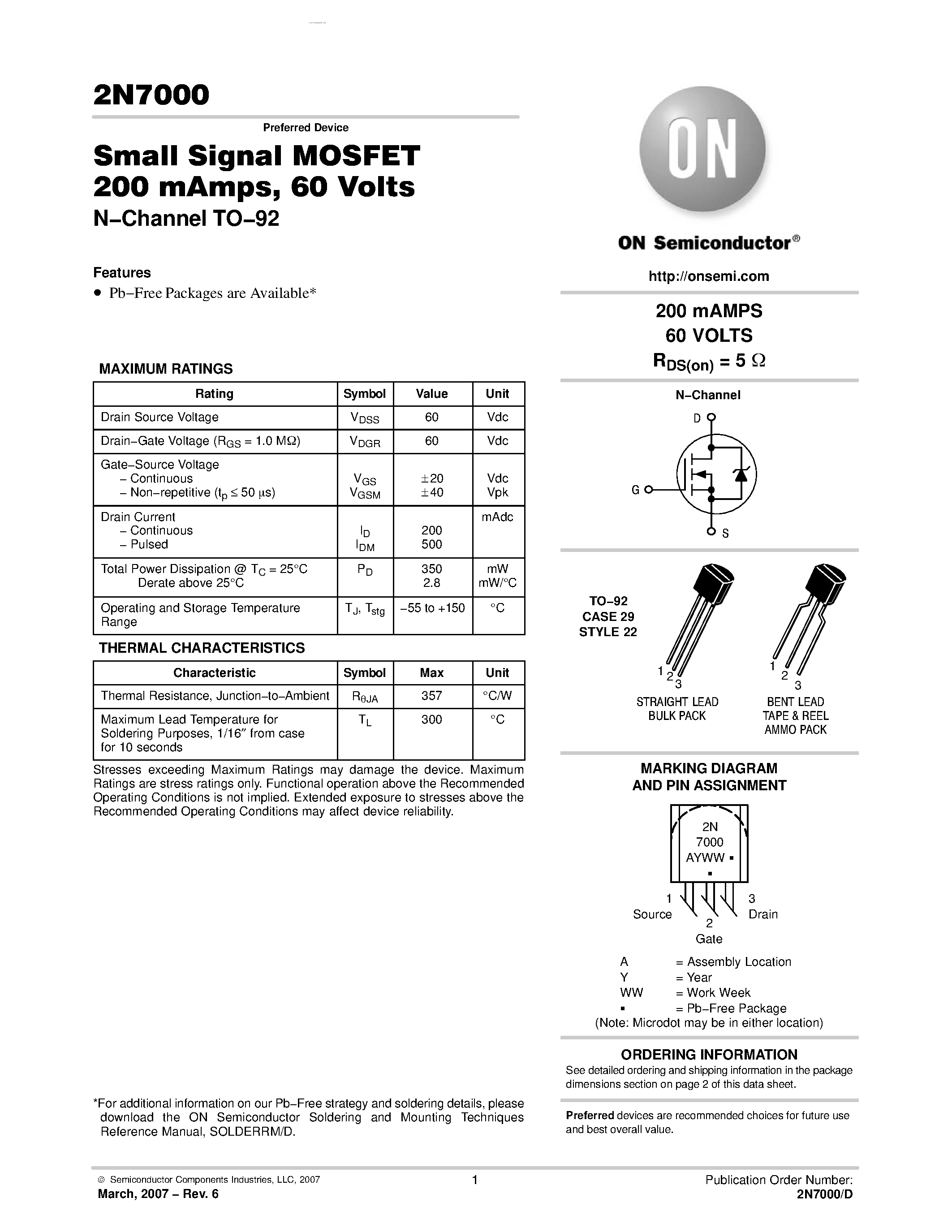 Даташит на микросхему 2N7000 страница 1 Даташит 2N7000 - N-Channel TO-92 200 mAMPS 60 VOLTS страница 1