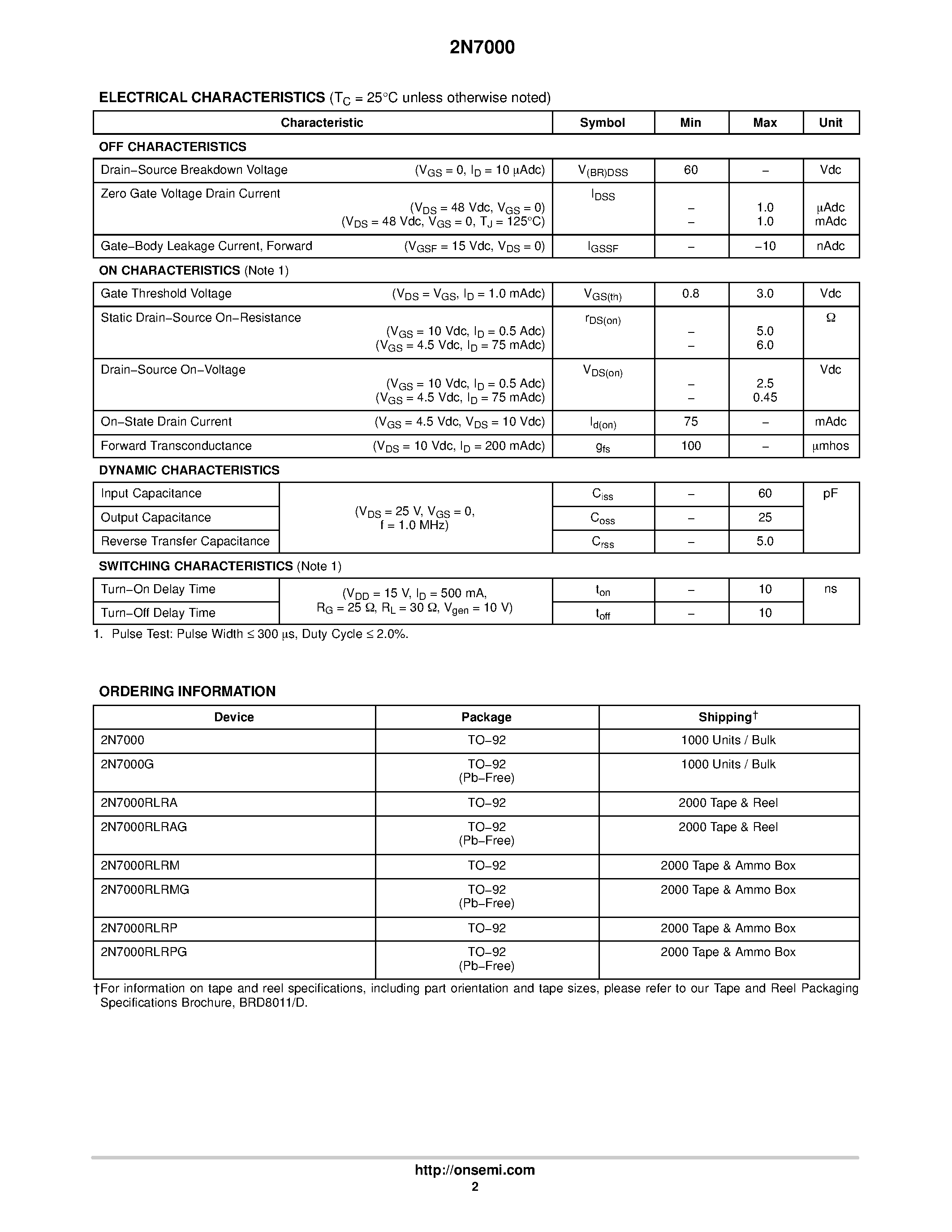 Даташит на микросхему 2N7000 страница 2 Даташит 2N7000 - N-Channel TO-92 200 mAMPS 60 VOLTS страница 2
