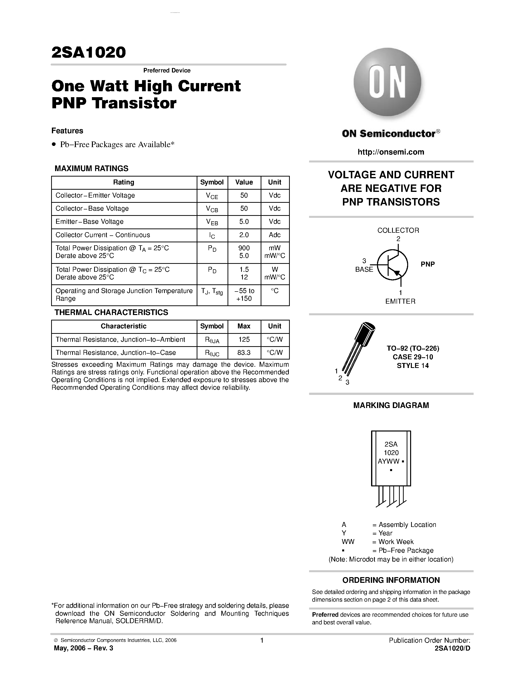 Datasheet 2SA1020 - One Watt High Current PNP Transistor VOLTAGE AND CURRENT ARE NEGATIVE page 1