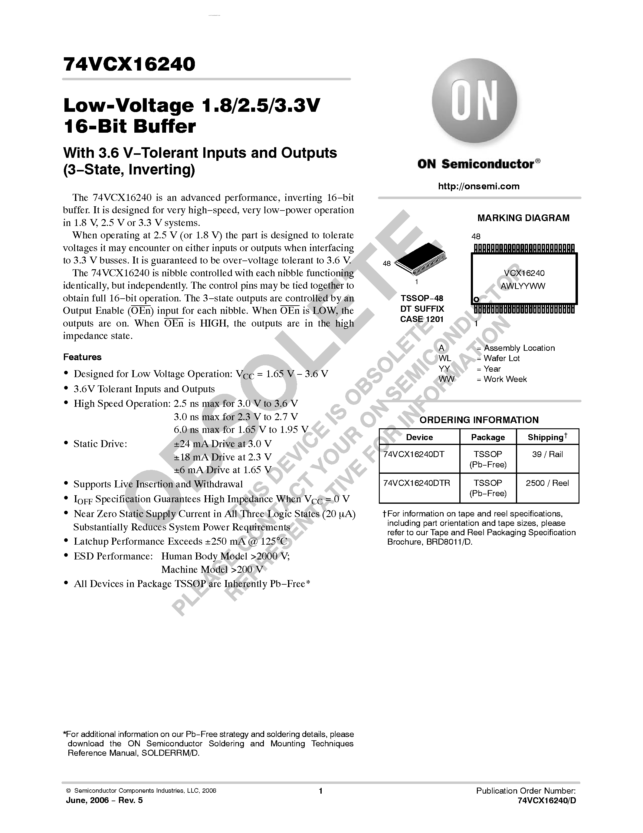Даташит 74VCX16240 - Low-Voltage 1.8/2.5/3.3V 16-Bit Buffer страница 1