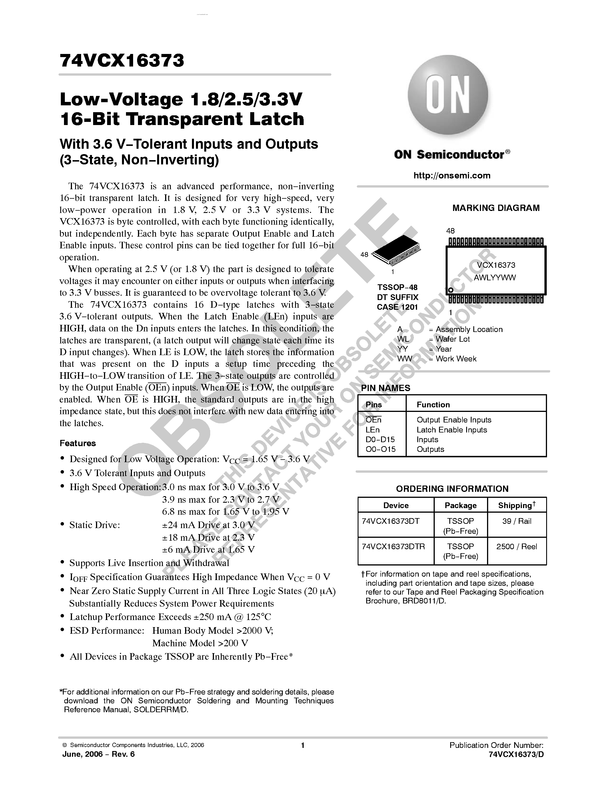 Даташит 74VCX16373 - Low-Voltage 1.8/2.5/3.3V 16-Bit Transparent Latch страница 1
