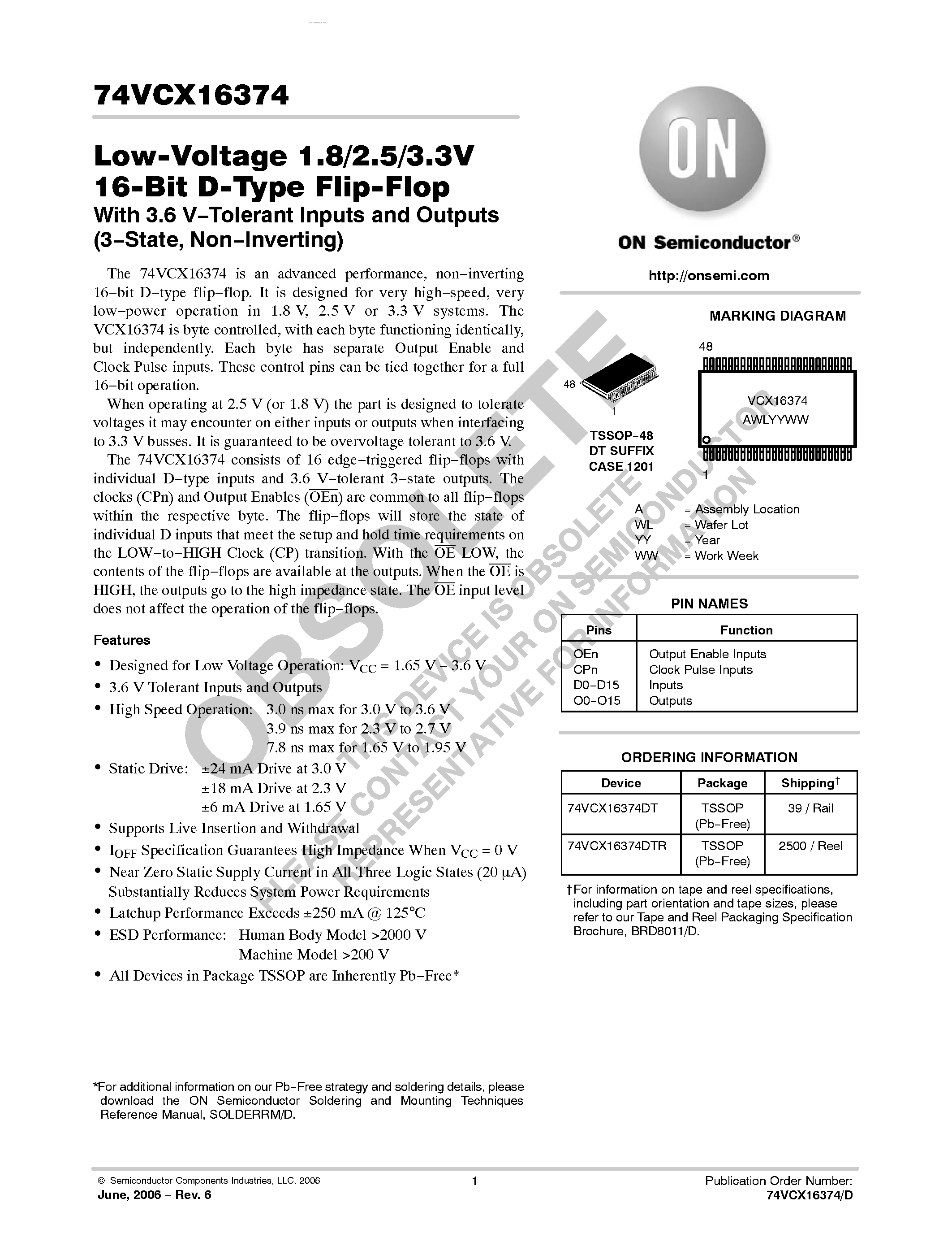 Datasheet 74VCX16374 - Low-Voltage 1.8/2.5/3.3V 16-Bit D-Type Flip-Flop page 1