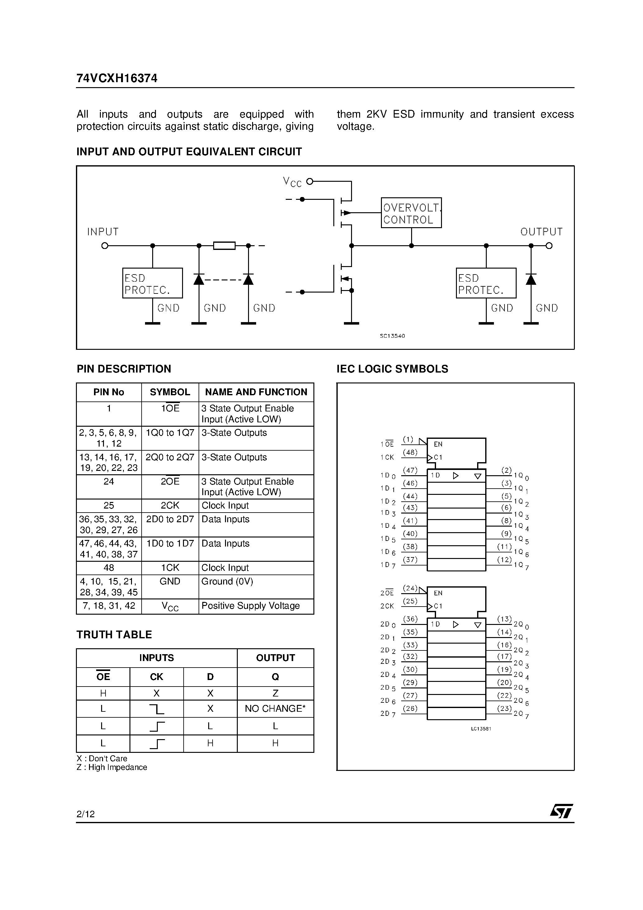 Datasheet 74VCXH16374 - LOW VOLTAGE CMOS 16-BIT D-TYPE FLIP-FLOP page 2