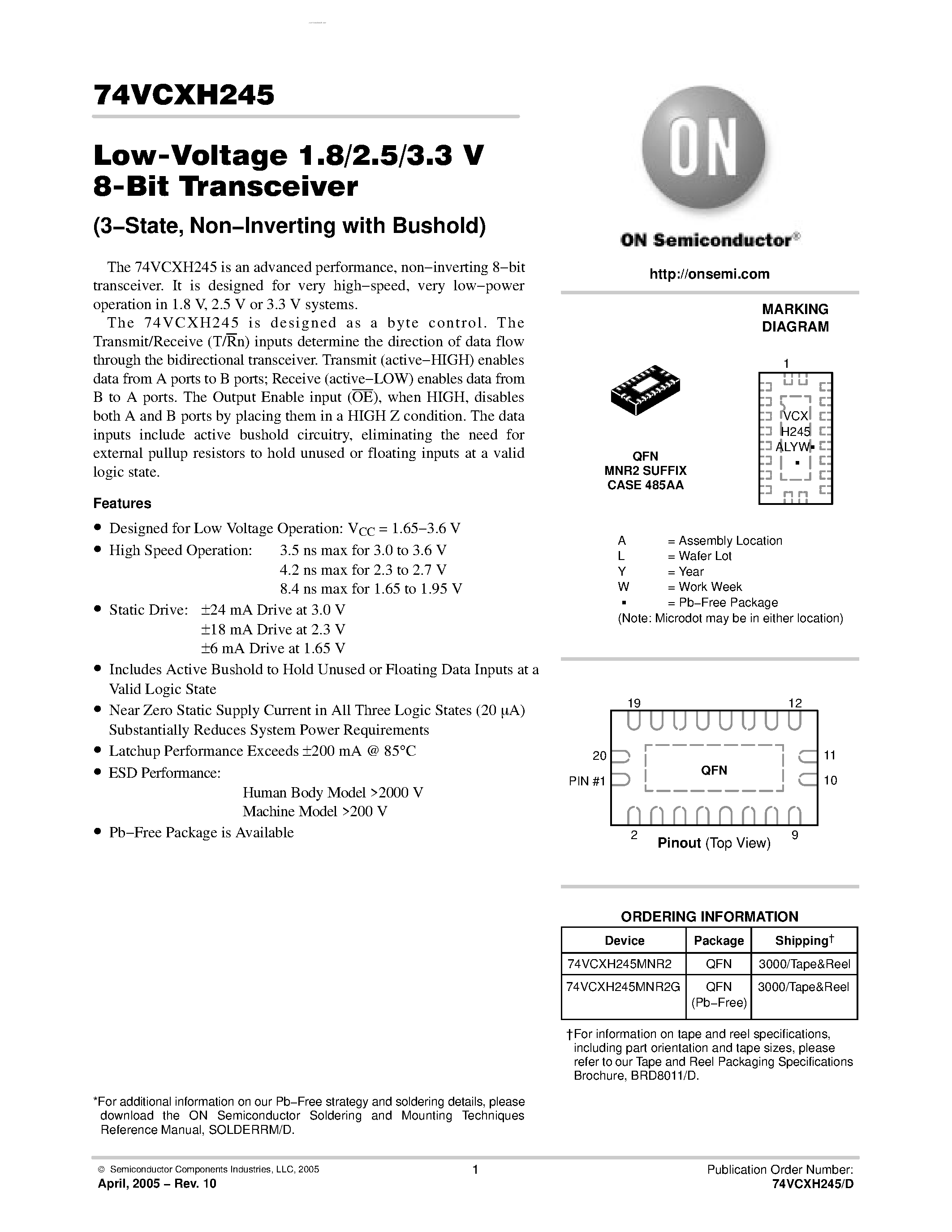 Даташит 74VCXH245 - Low-Voltage 1.8/2.5/3.3 V 8-Bit Transceiver страница 1