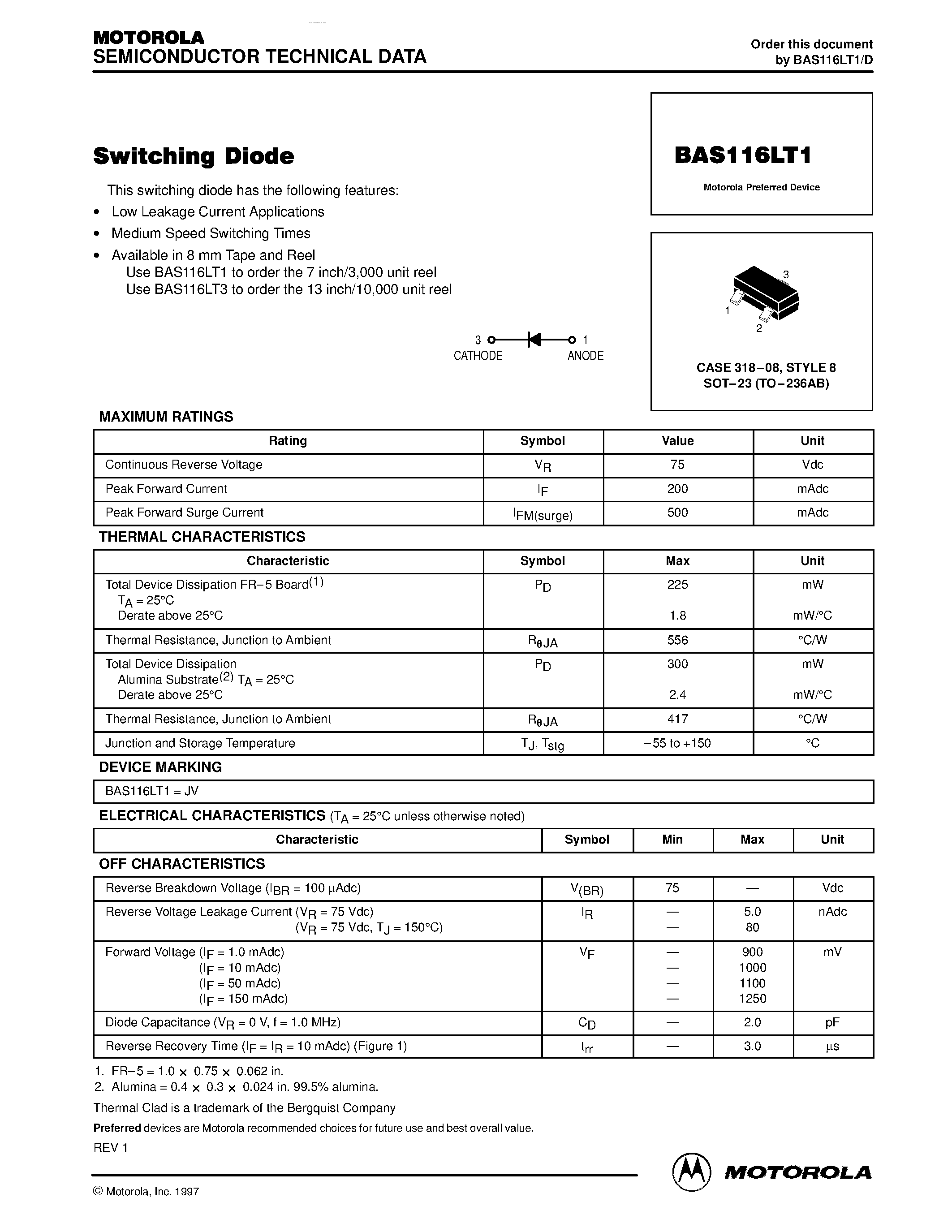 Datasheet BAS116LT1 - Switching Diod page 1