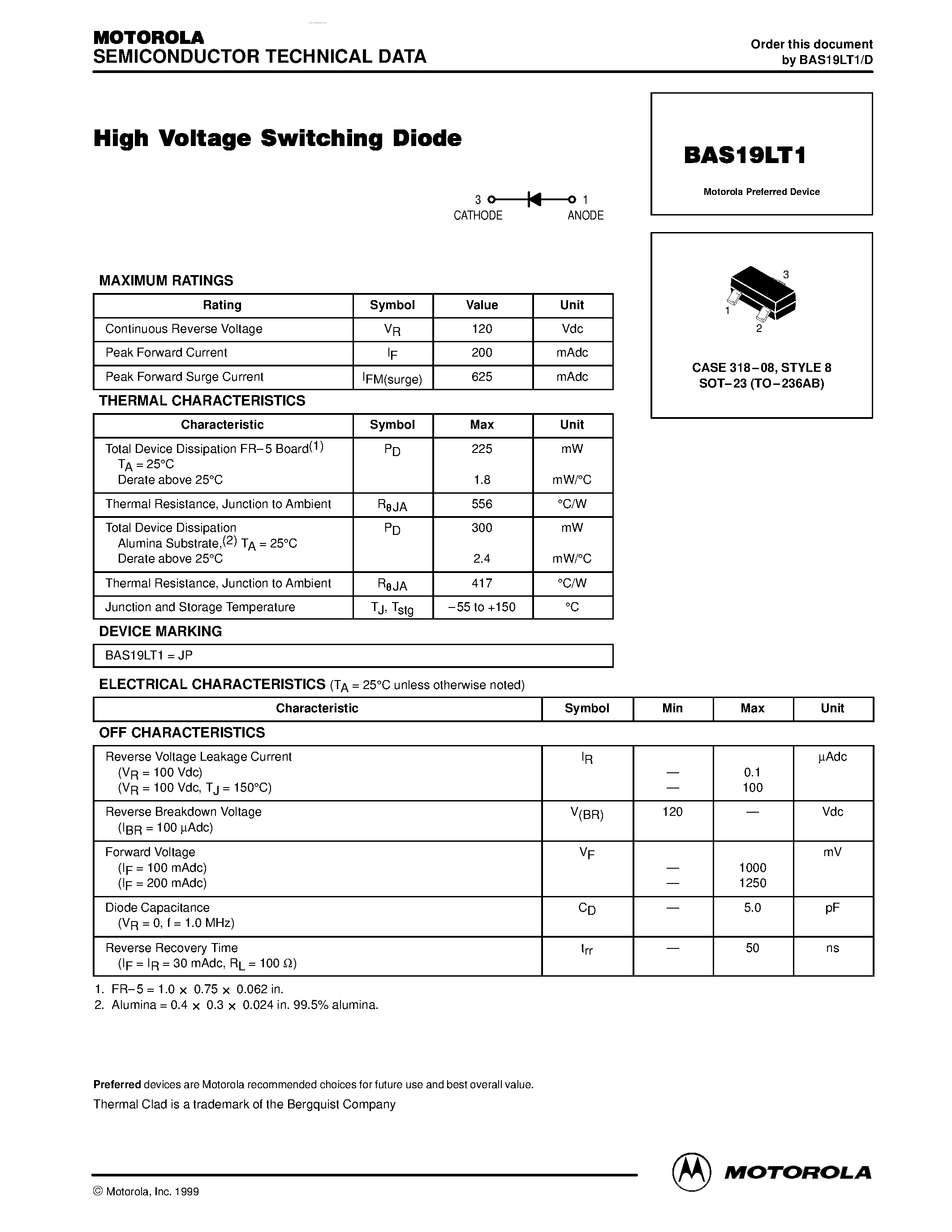 Datasheet BAS19LT1 page 1 Datasheet BAS19LT1 - High Voltage Switching Diode page 1
