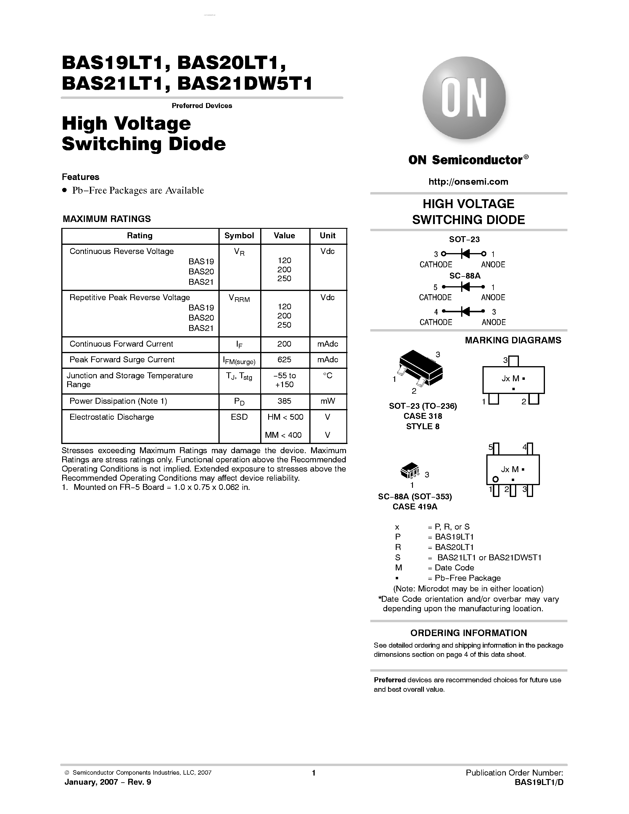 Datasheet BAS19LT1 page 1 Datasheet BAS19LT1 - (BAS19LT1 - BAS21xxx1) High Voltage Switching Diode page 1