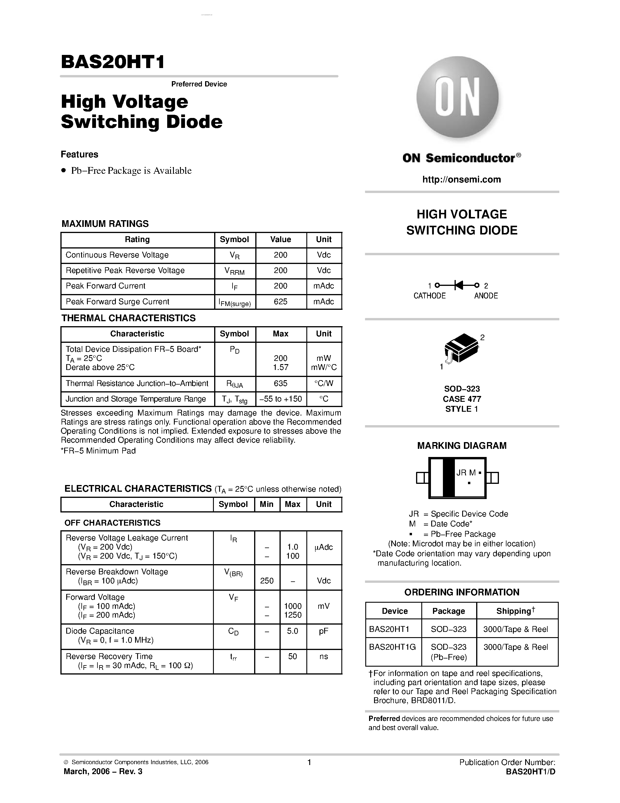 Datasheet BAS20HT1 - High Voltage Switching Diode page 1