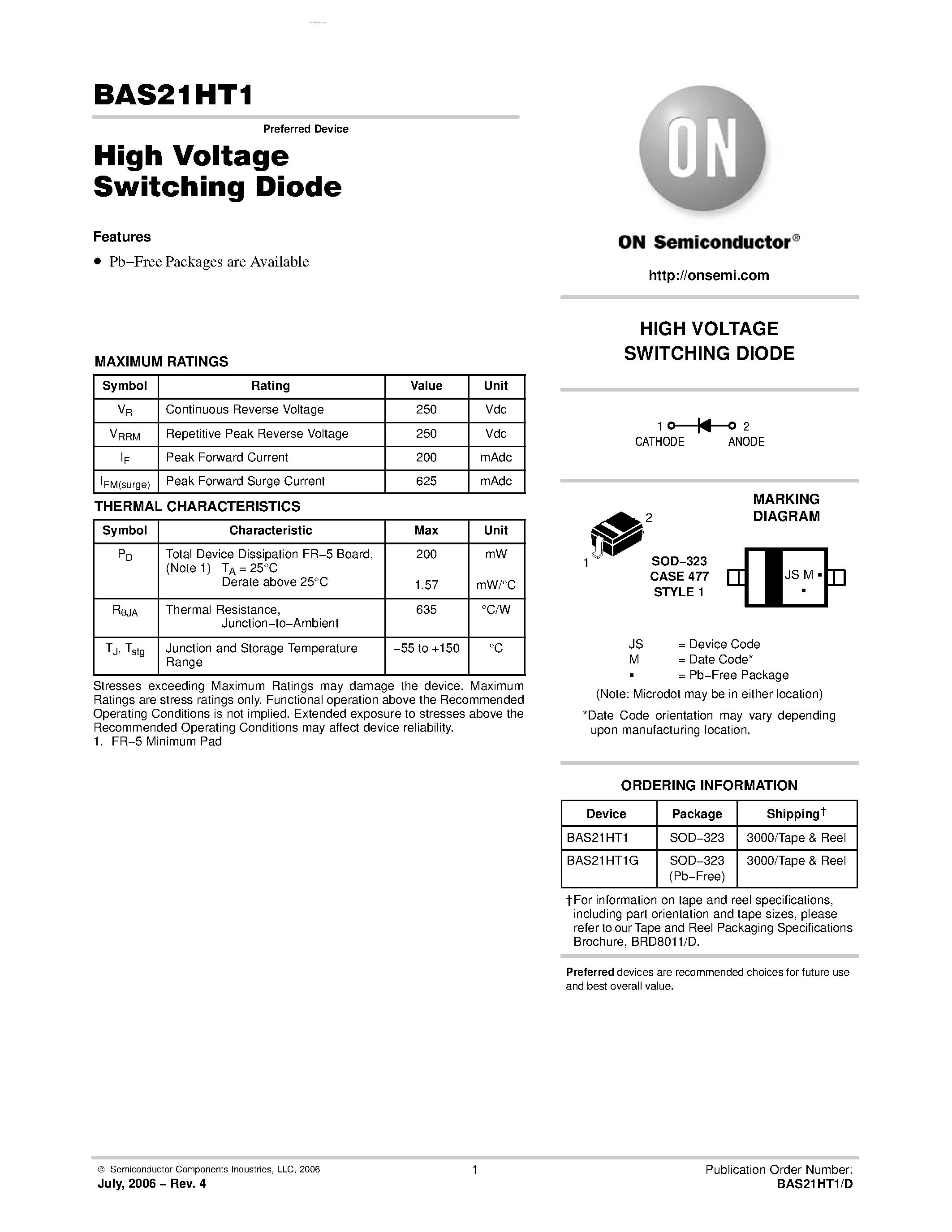 Datasheet BAS21HT1 page 1 Datasheet BAS21HT1 - High Voltage Switching Diode page 1