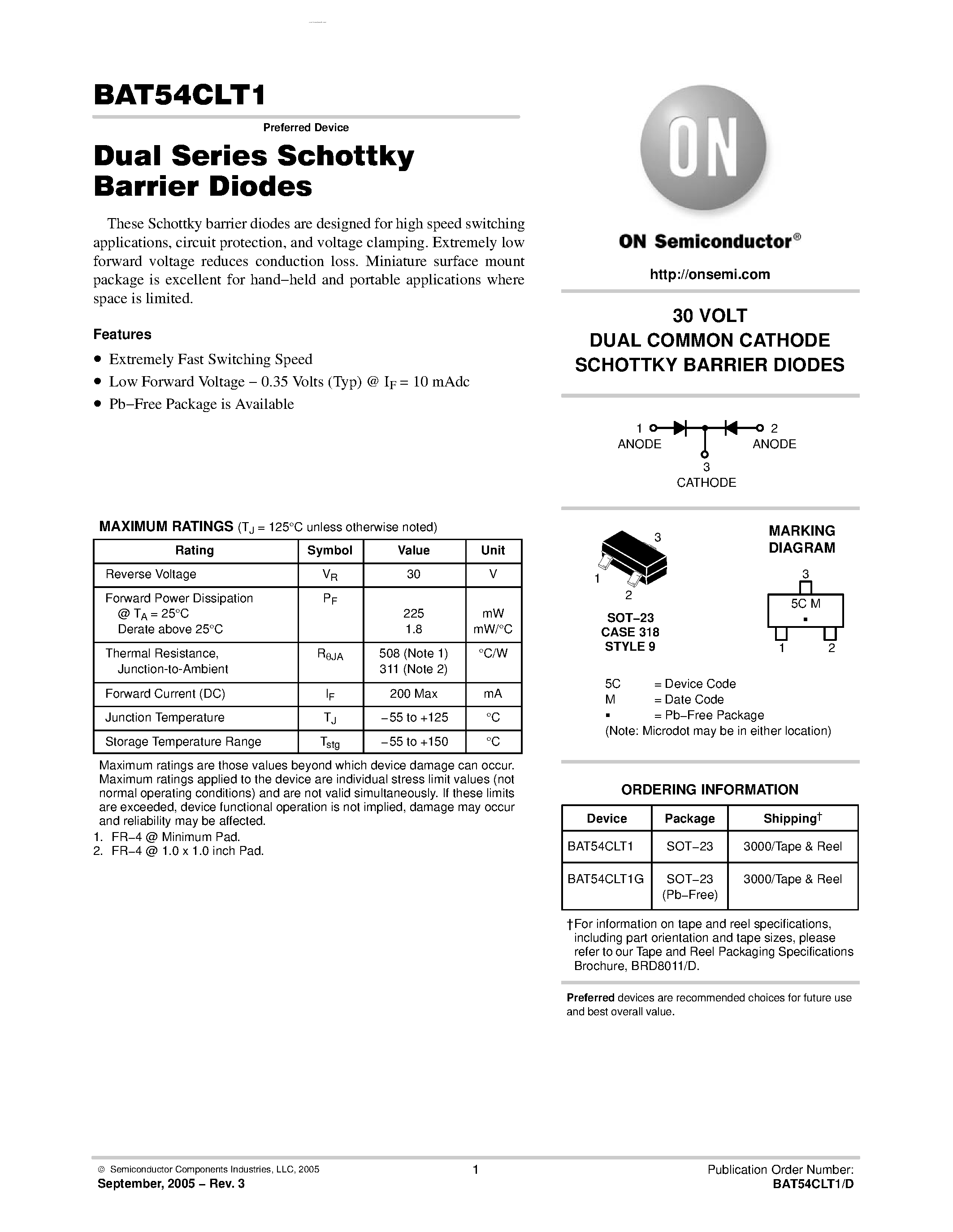 Datasheet BAT54CLT1 - Dual Series Schottky Barrier Diodes page 1