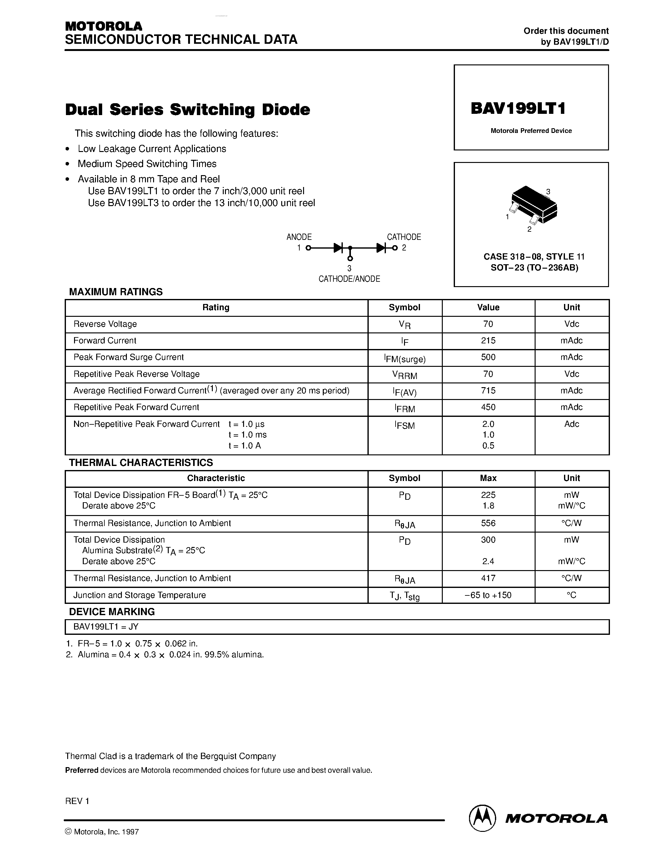 Datasheet BAV199LT1 - Dual Series Switching Diode page 1