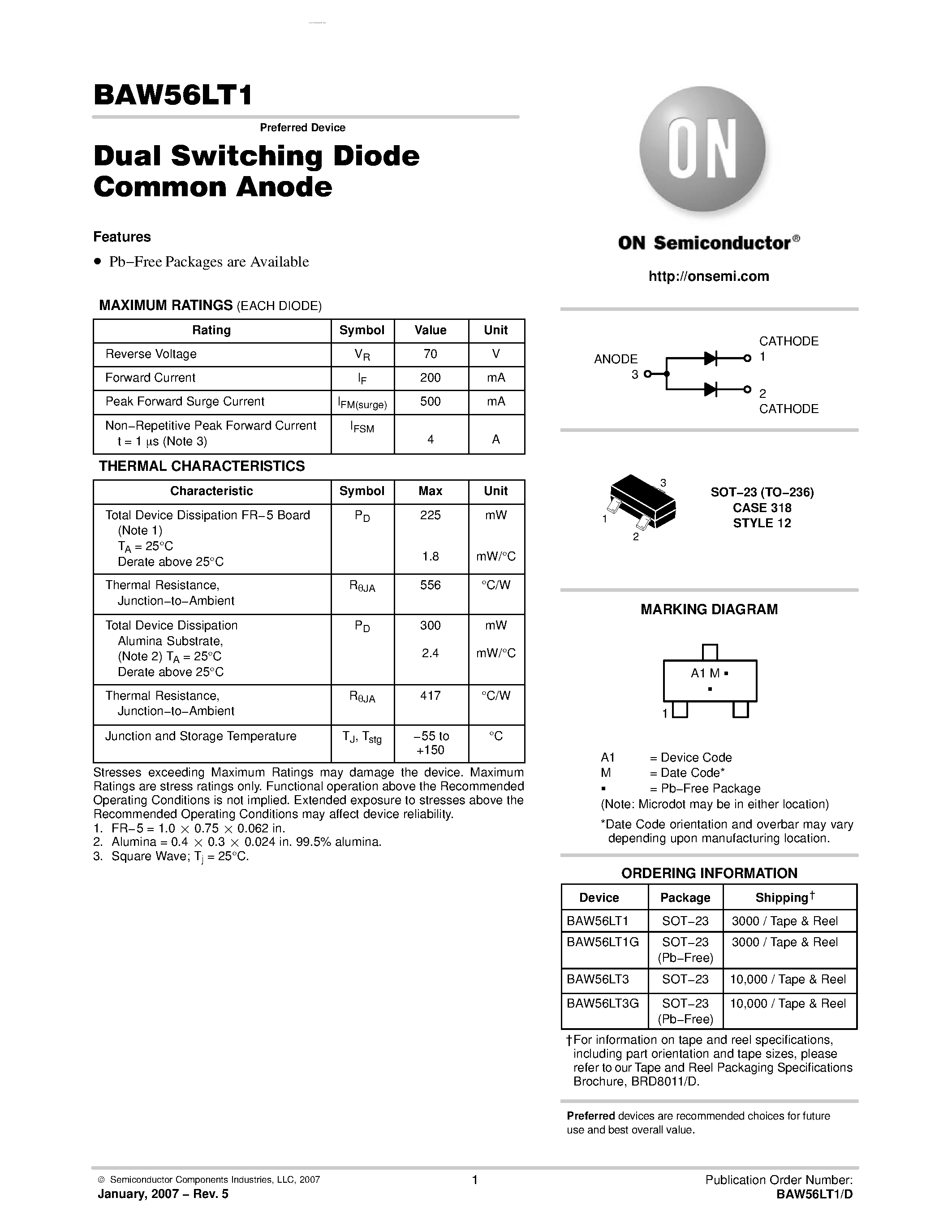 Datasheet BAW56LT1 - (BAW56LT1 / BAW56LT3) Monolithic Dual Switching Diode Common Anode page 1