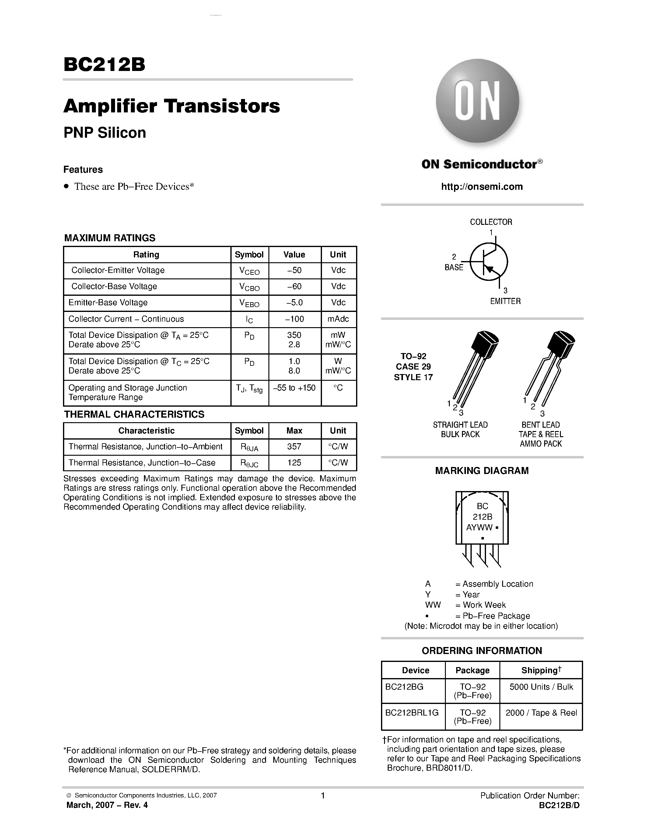 Datasheet BC212B - Amplifier Transistors PNP Silicon page 1