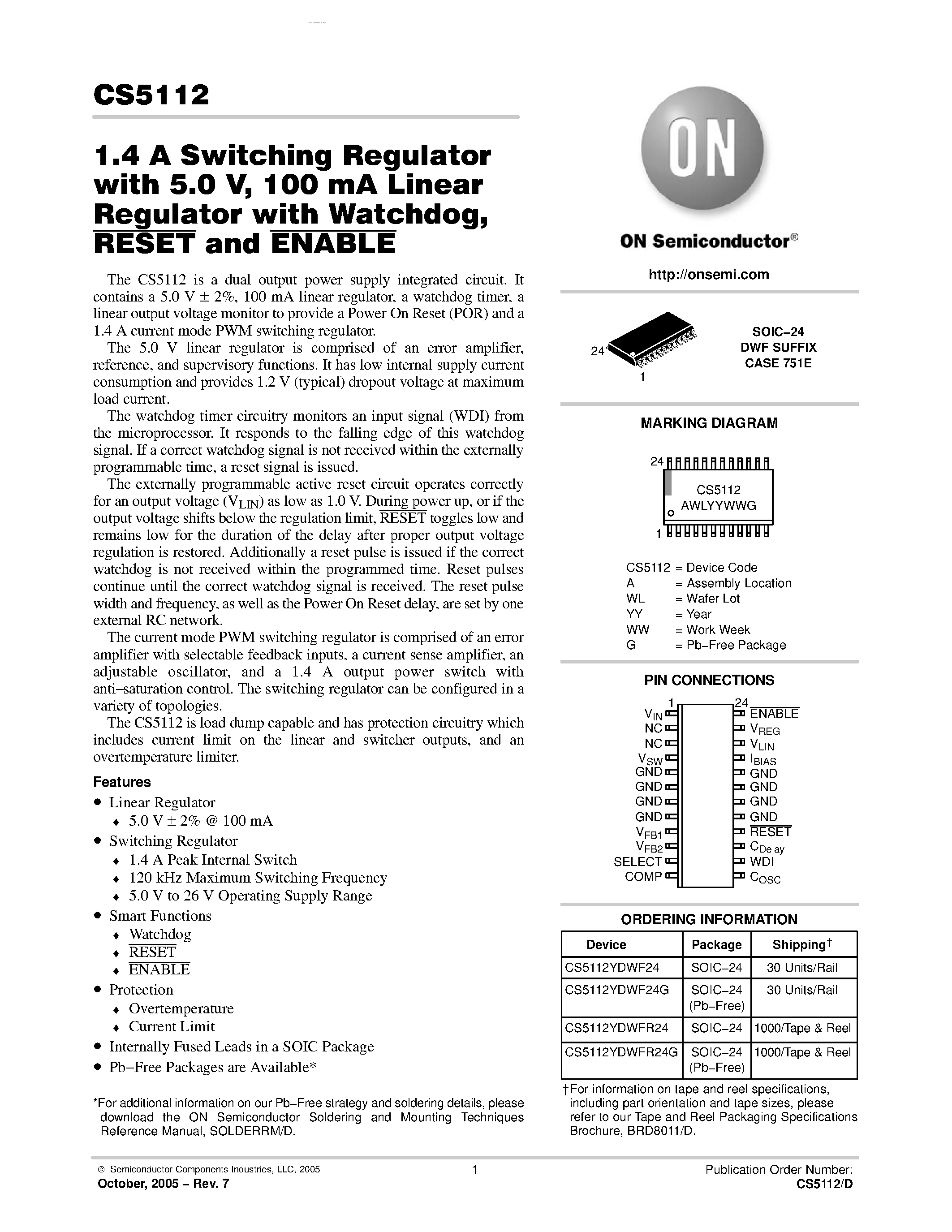 Даташит на микросхему CS5112 страница 1 Даташит CS5112 - Switching Regulator страница 1