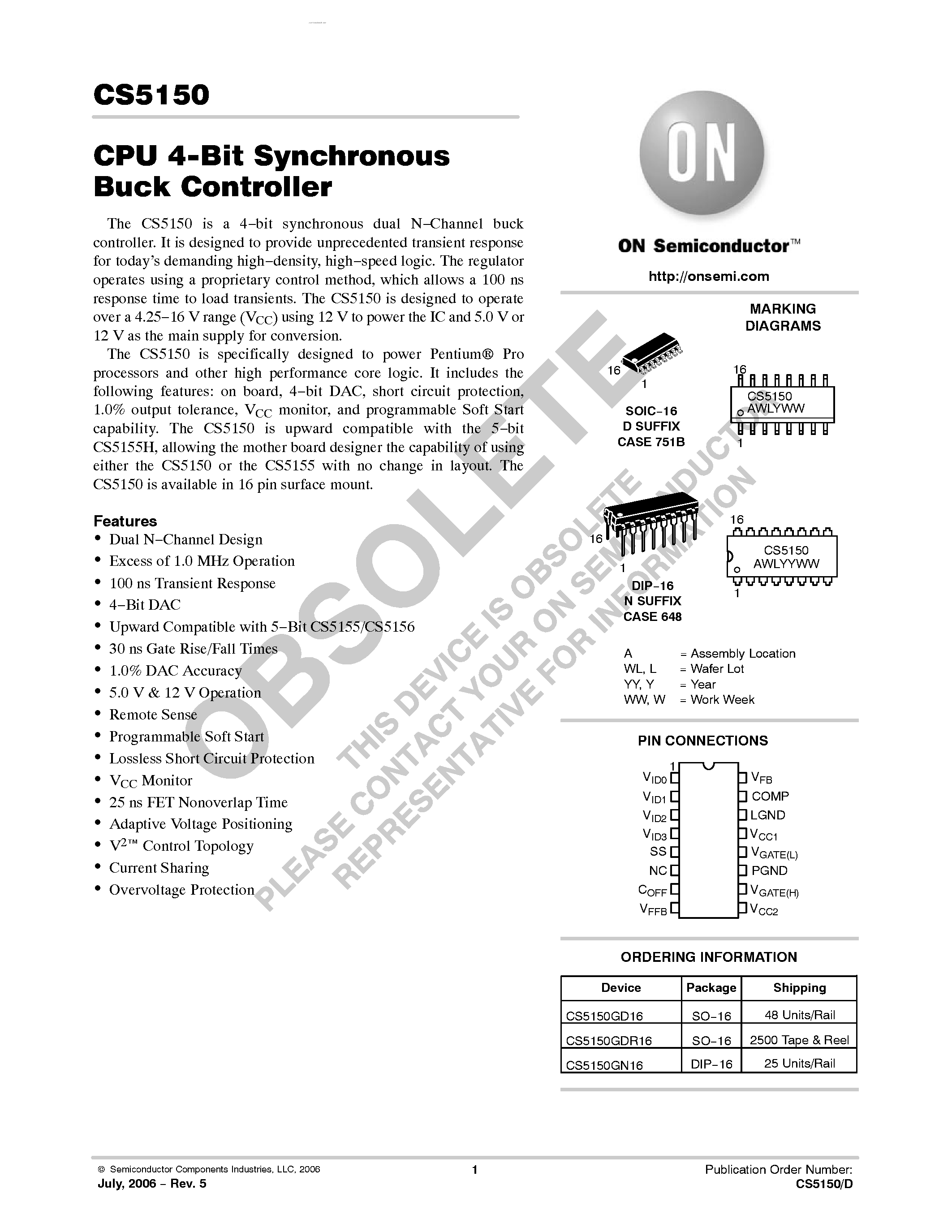 Datasheet CS5150 - CPU 4-Bit Synchronous Buck Controller page 1
