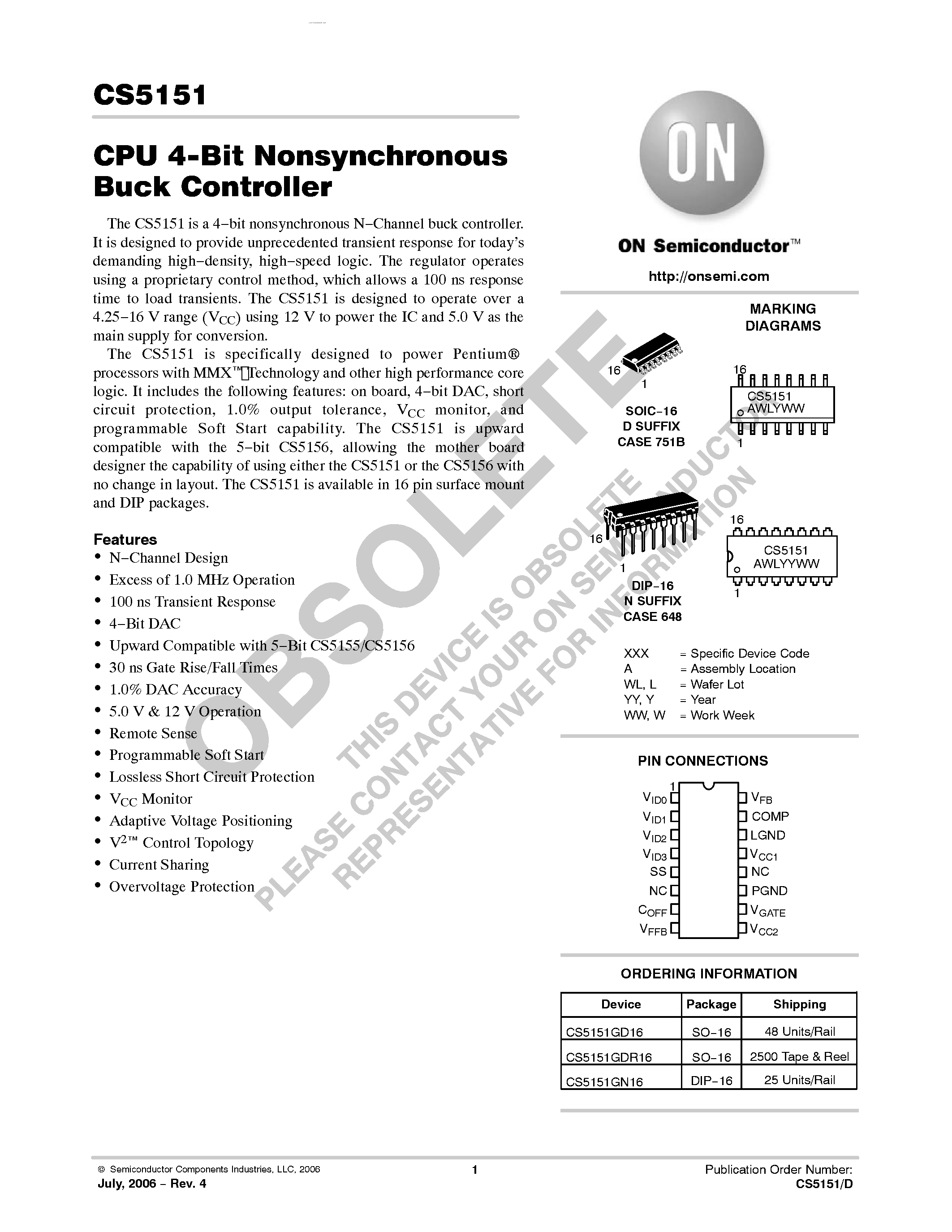 Datasheet CS5151 page 1 Datasheet CS5151 - CPU 4-Bit Nonsynchronous Buck Controller page 1