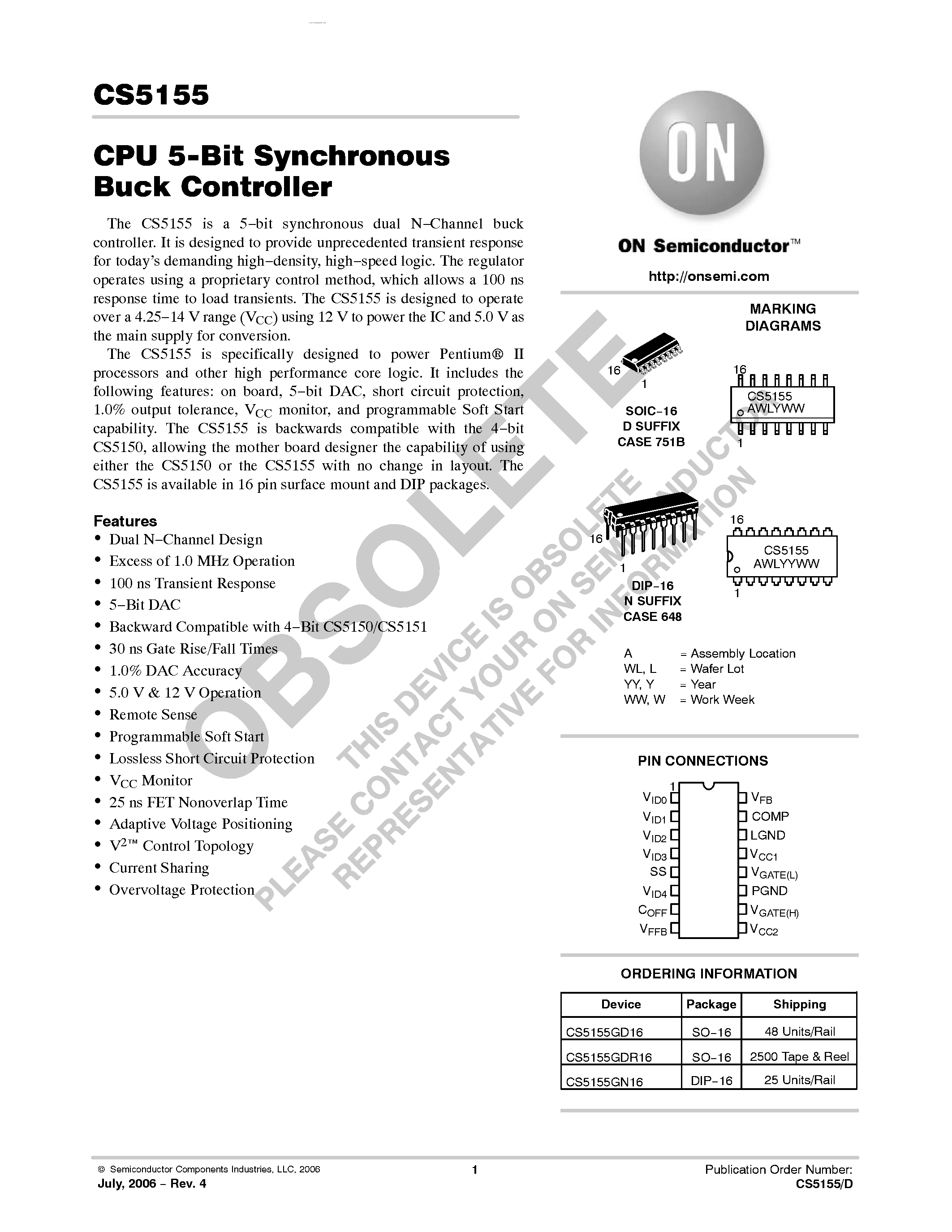Datasheet CS5155 - CPU 5-Bit Synchronous Buck Controller page 1