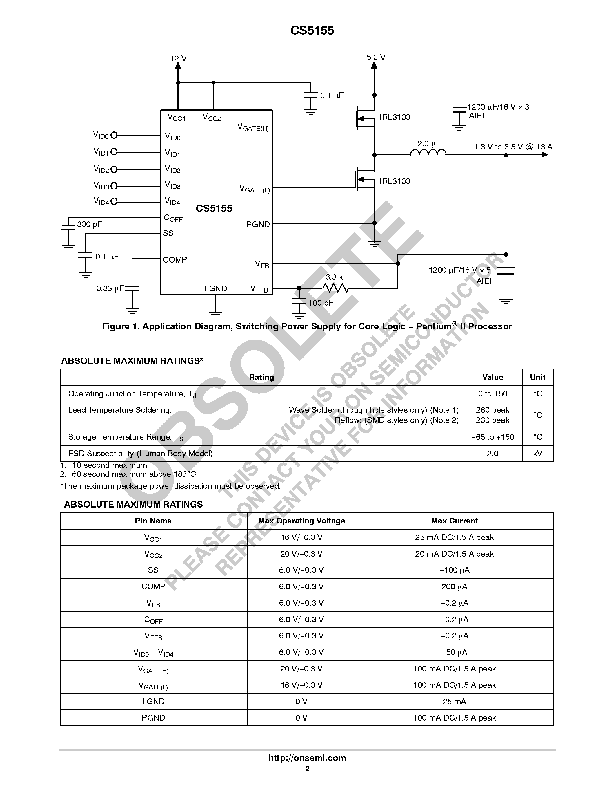 Datasheet CS5155 - CPU 5-Bit Synchronous Buck Controller page 2