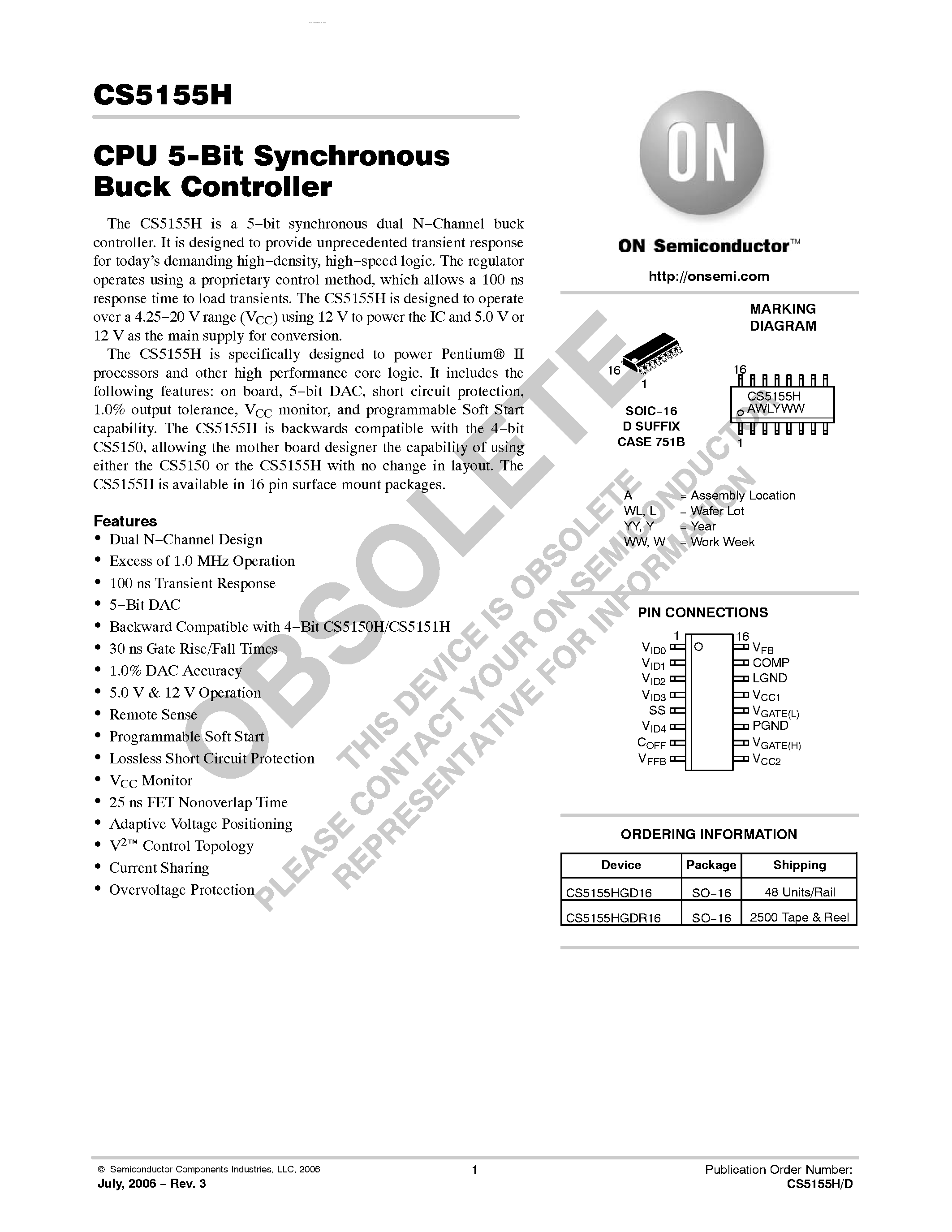 Datasheet CS5155H - CPU 5-Bit Synchronous Buck Controller page 1