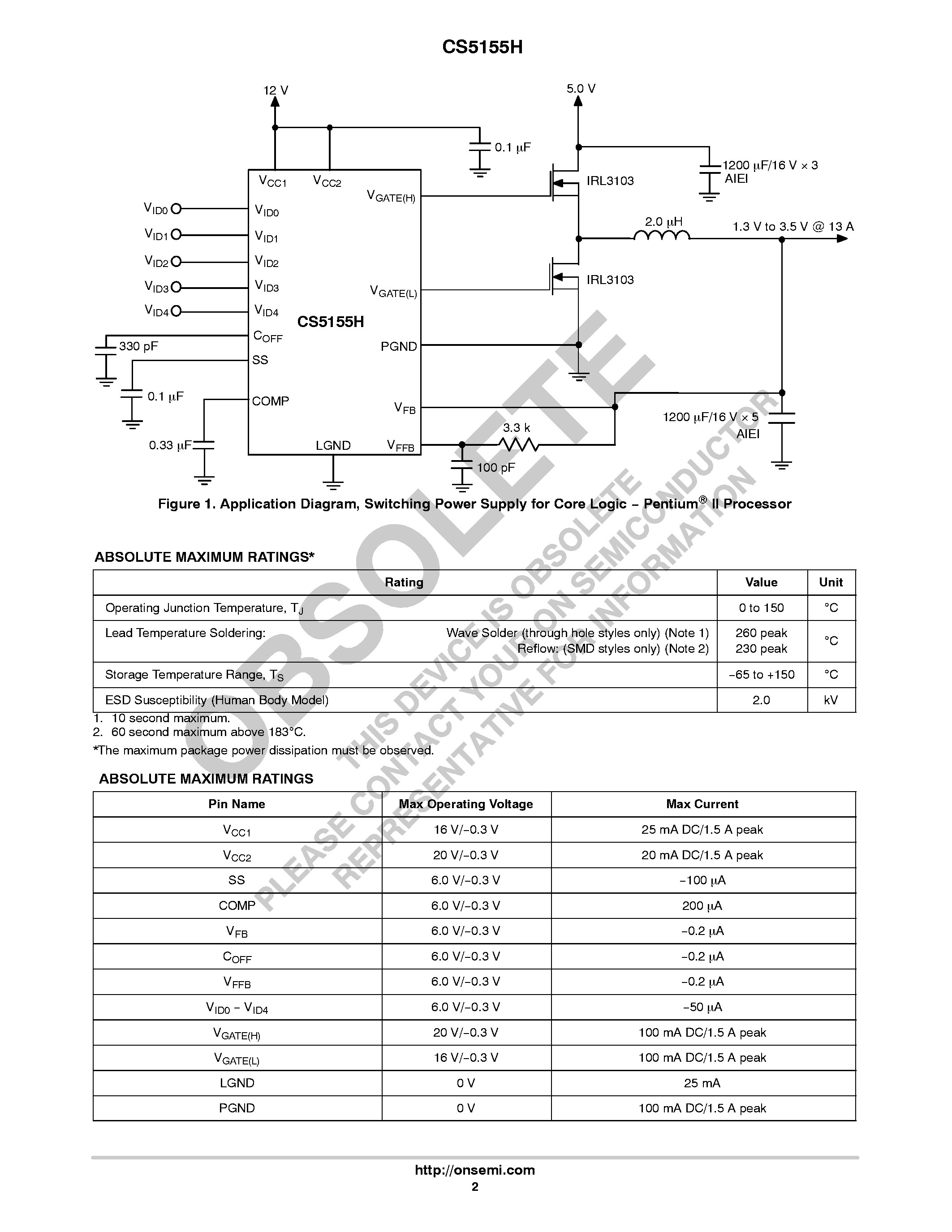 Datasheet CS5155H - CPU 5-Bit Synchronous Buck Controller page 2