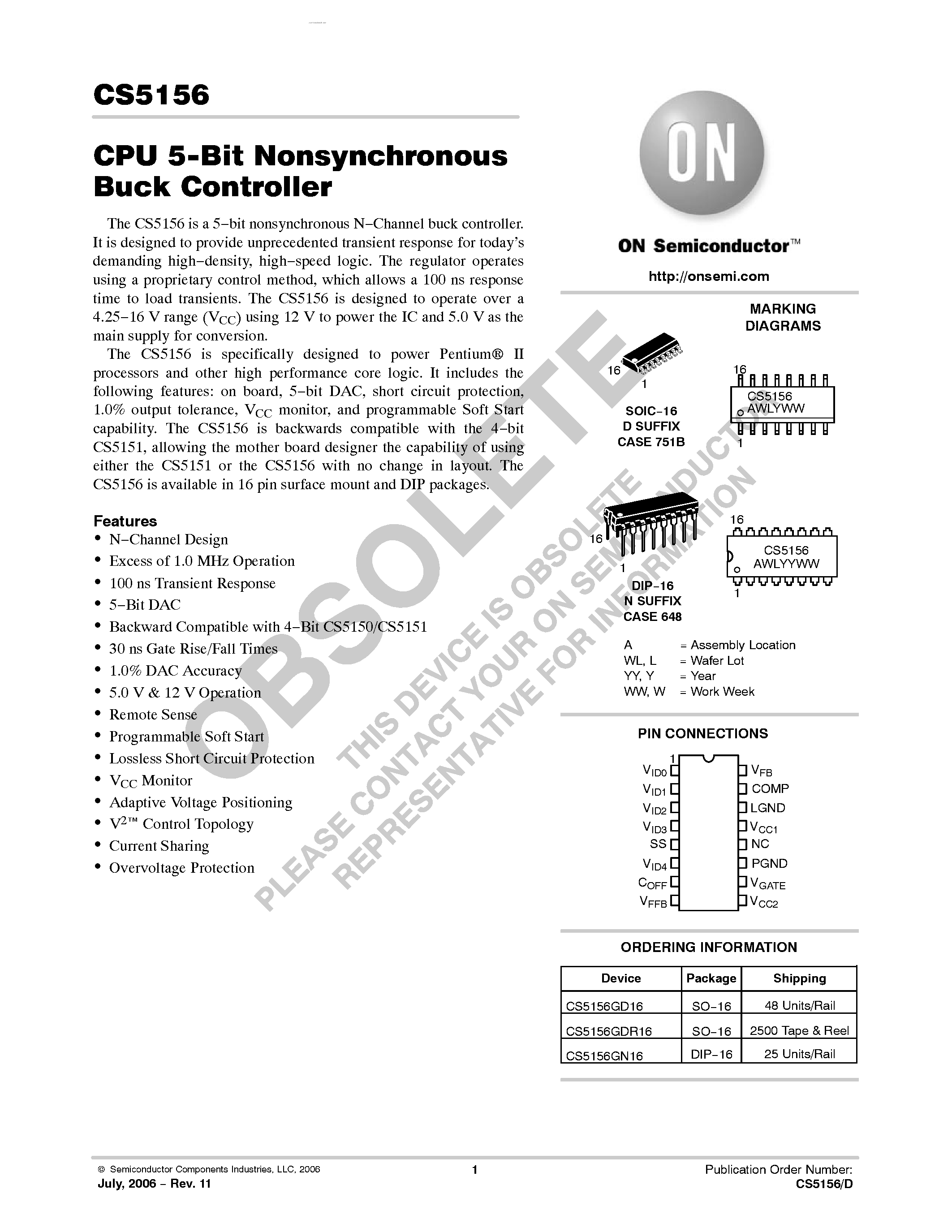 Datasheet CS5156 - CPU 5-Bit Nonsynchronous Buck Controller page 1
