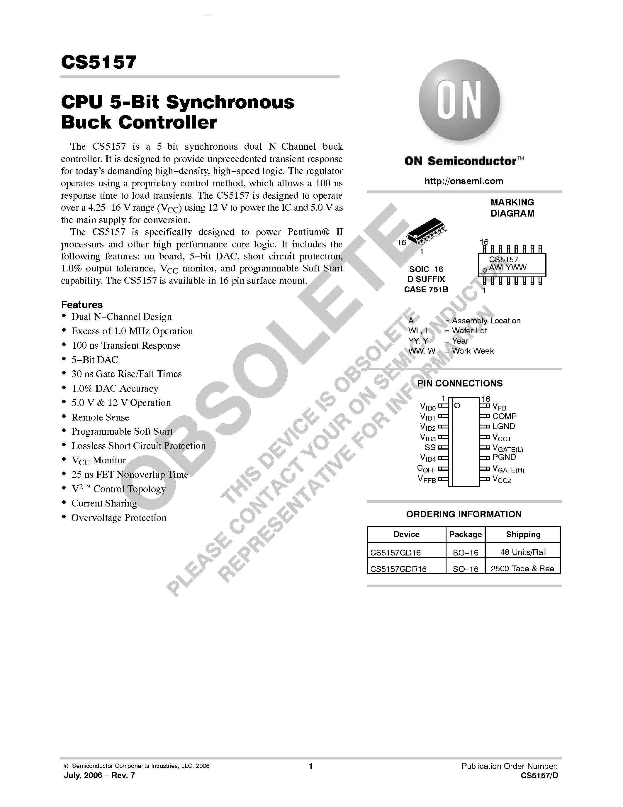 Datasheet CS5157 - CPU 5-Bit Synchronous Buck Controller page 1