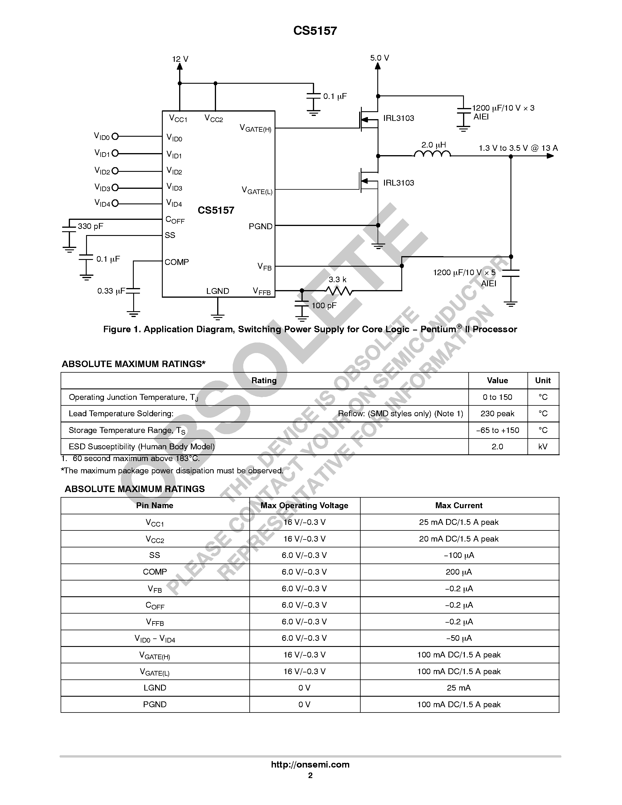 Datasheet CS5157 - CPU 5-Bit Synchronous Buck Controller page 2