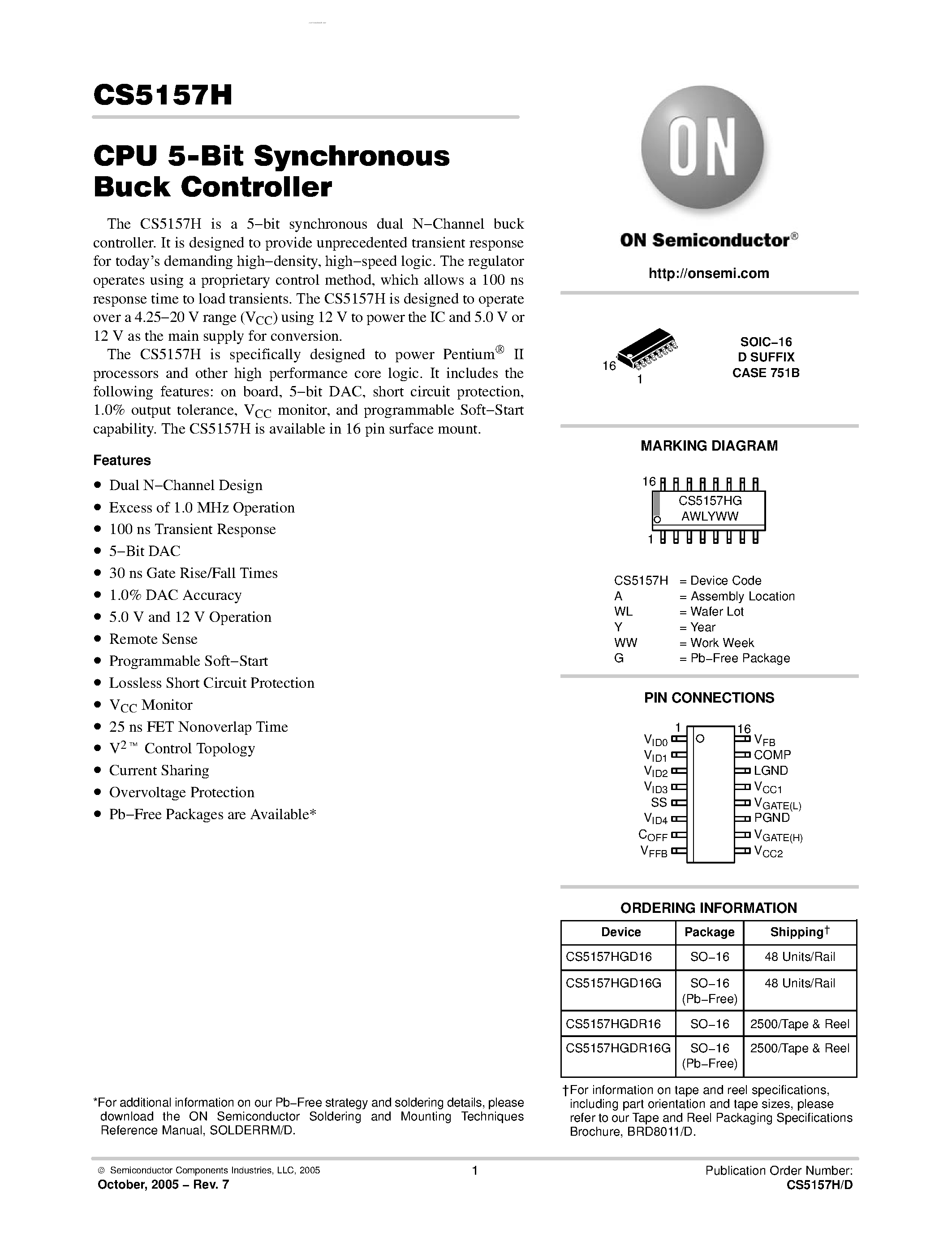 Datasheet CS5157H - CPU 5-Bit Synchronous Buck Controller page 1