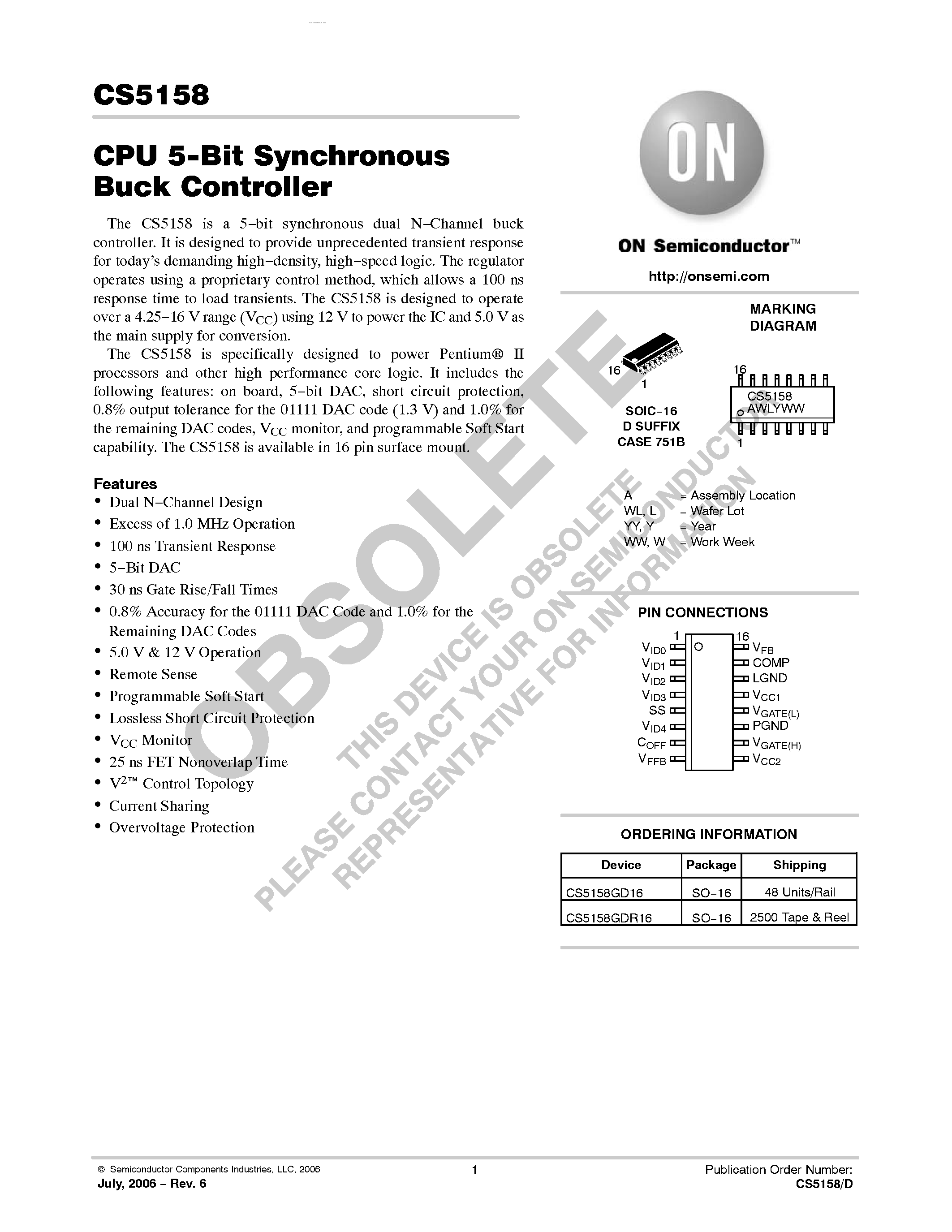 Datasheet CS5158 - CPU 5-Bit Synchronous Buck Controller page 1