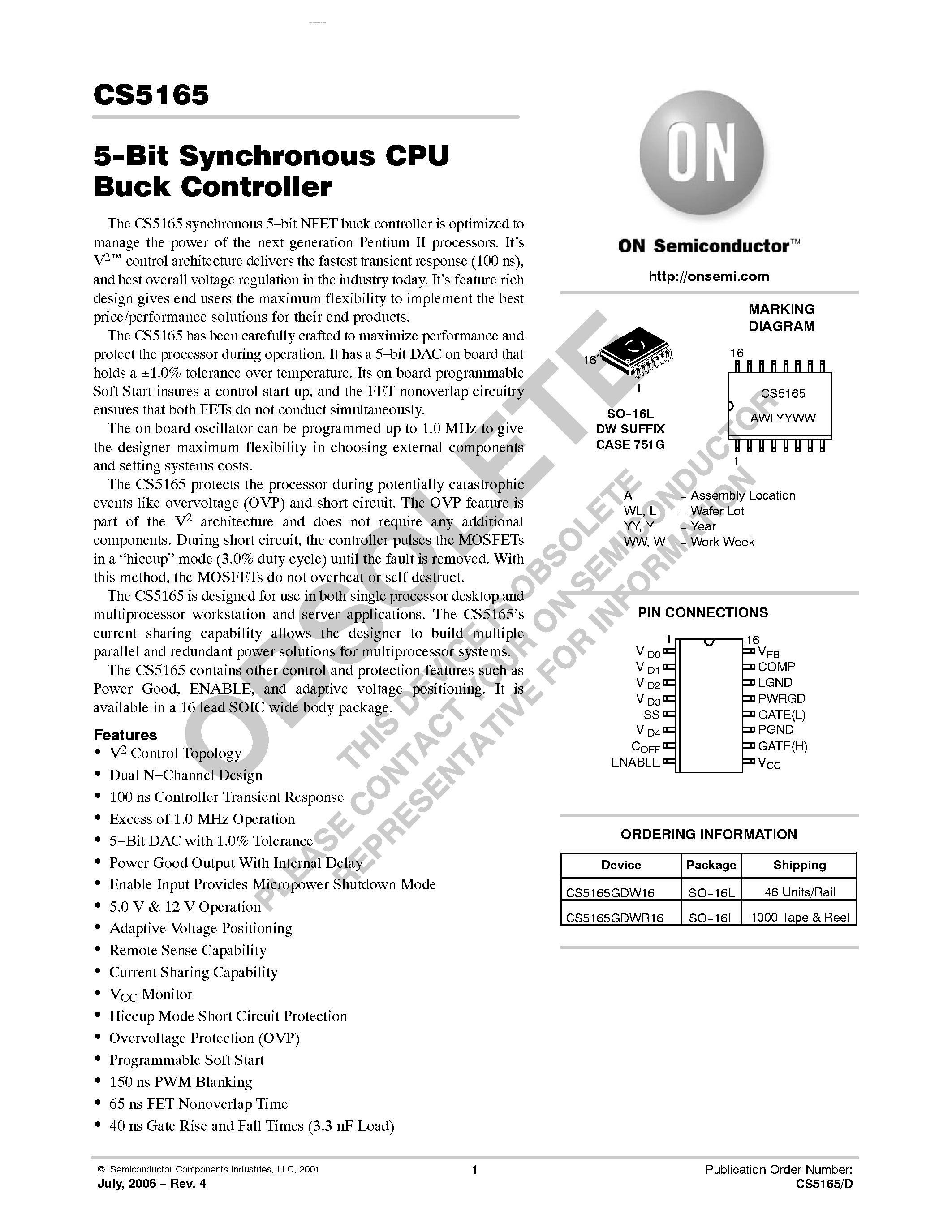 Datasheet CS5165 - CPU 5-Bit Synchronous Buck Controller page 1