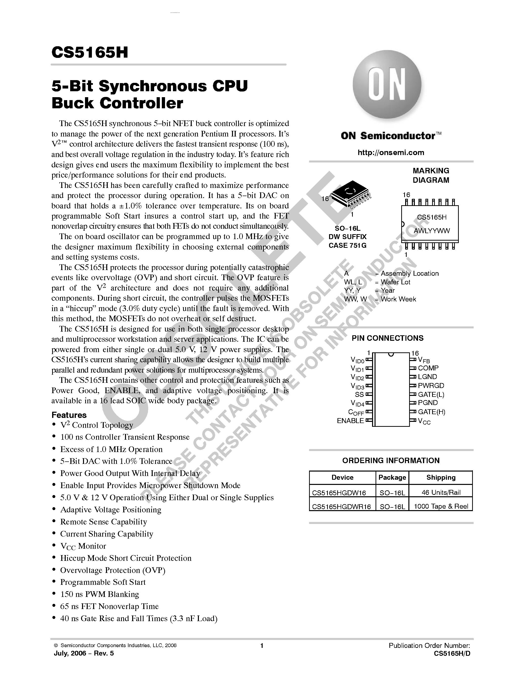 Datasheet CS5165H - CPU 5-Bit Synchronous Buck Controller page 1