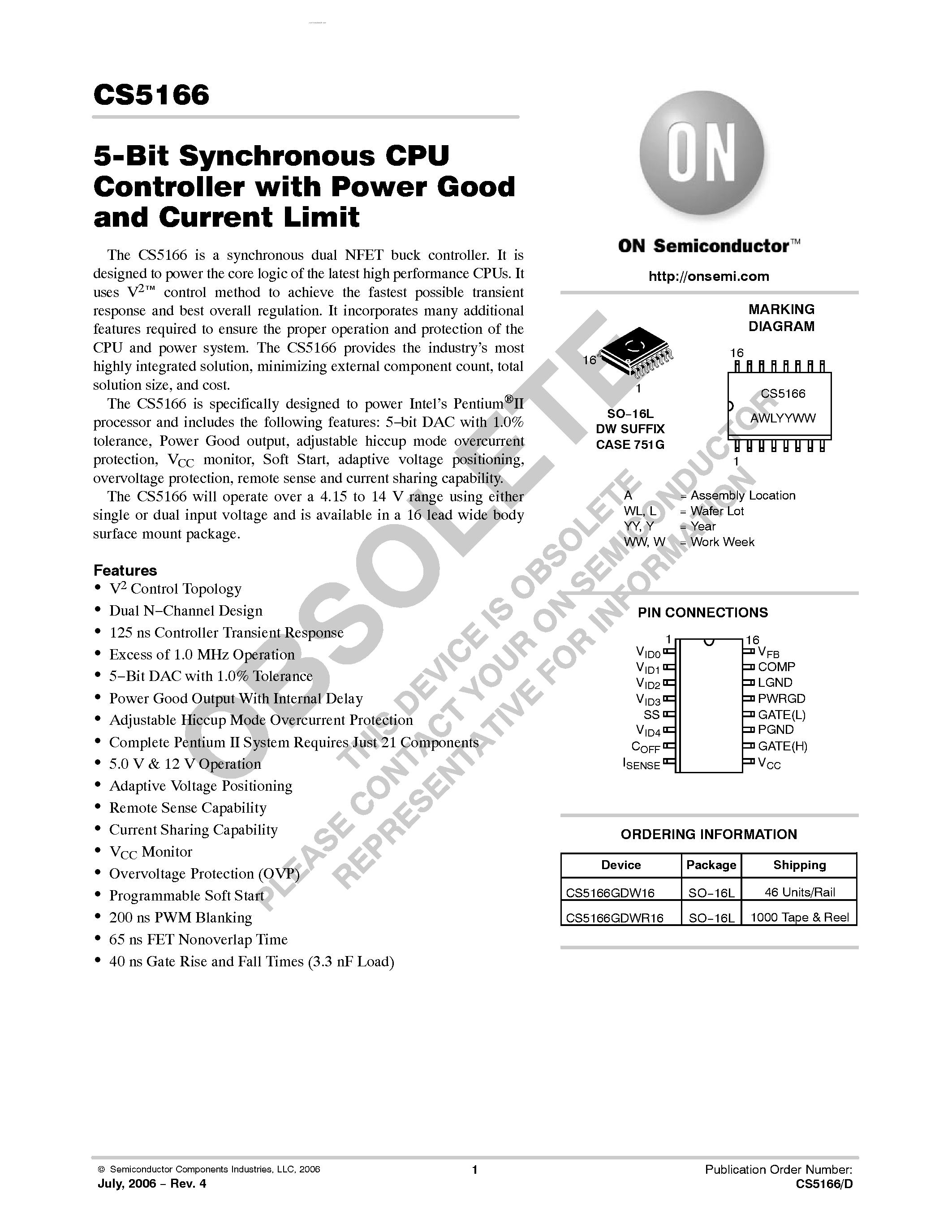 Datasheet CS5166 - 5-Bit Synchronous CPU Controller page 1