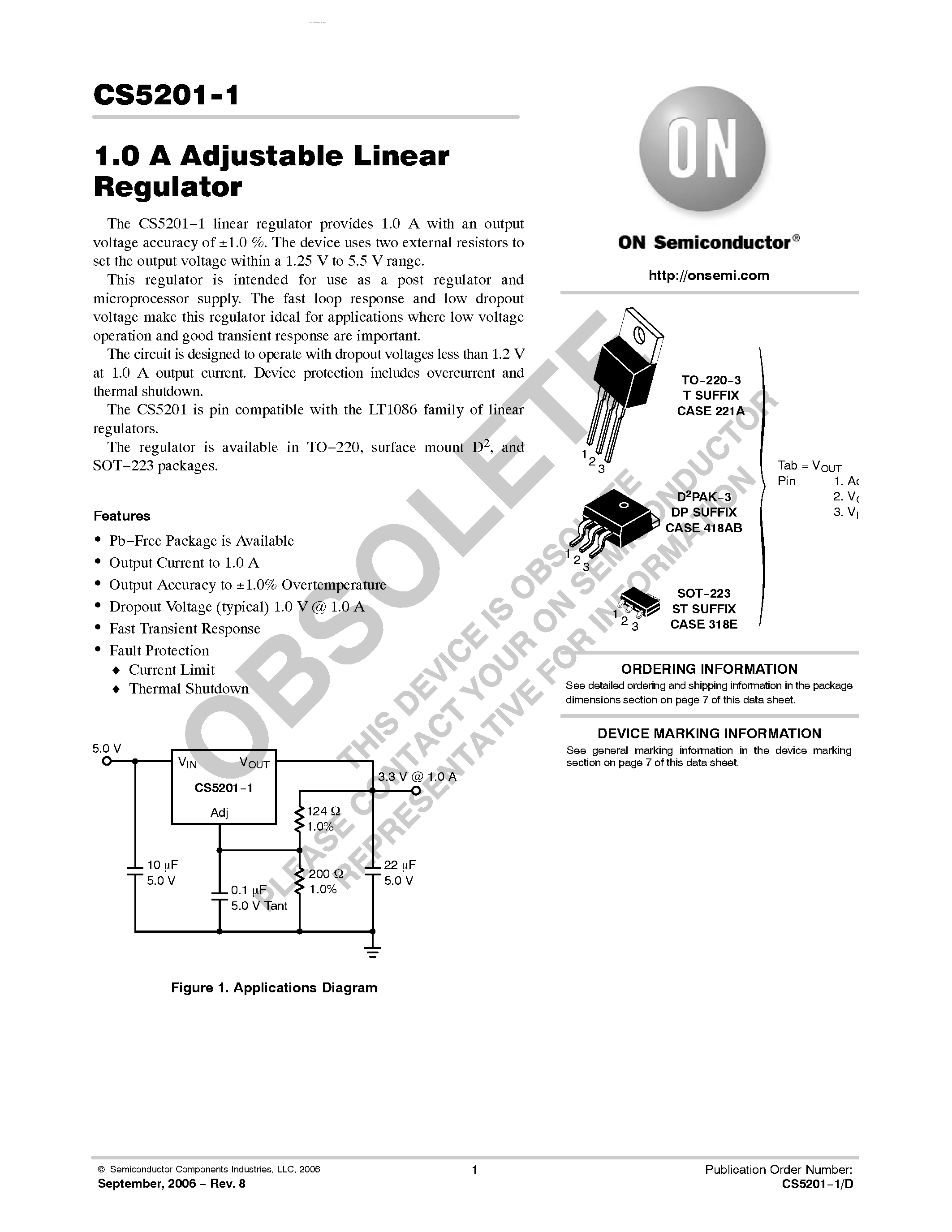 Datasheet CS5201-1 - 1.0 A Adjustable Linear Regulator page 1