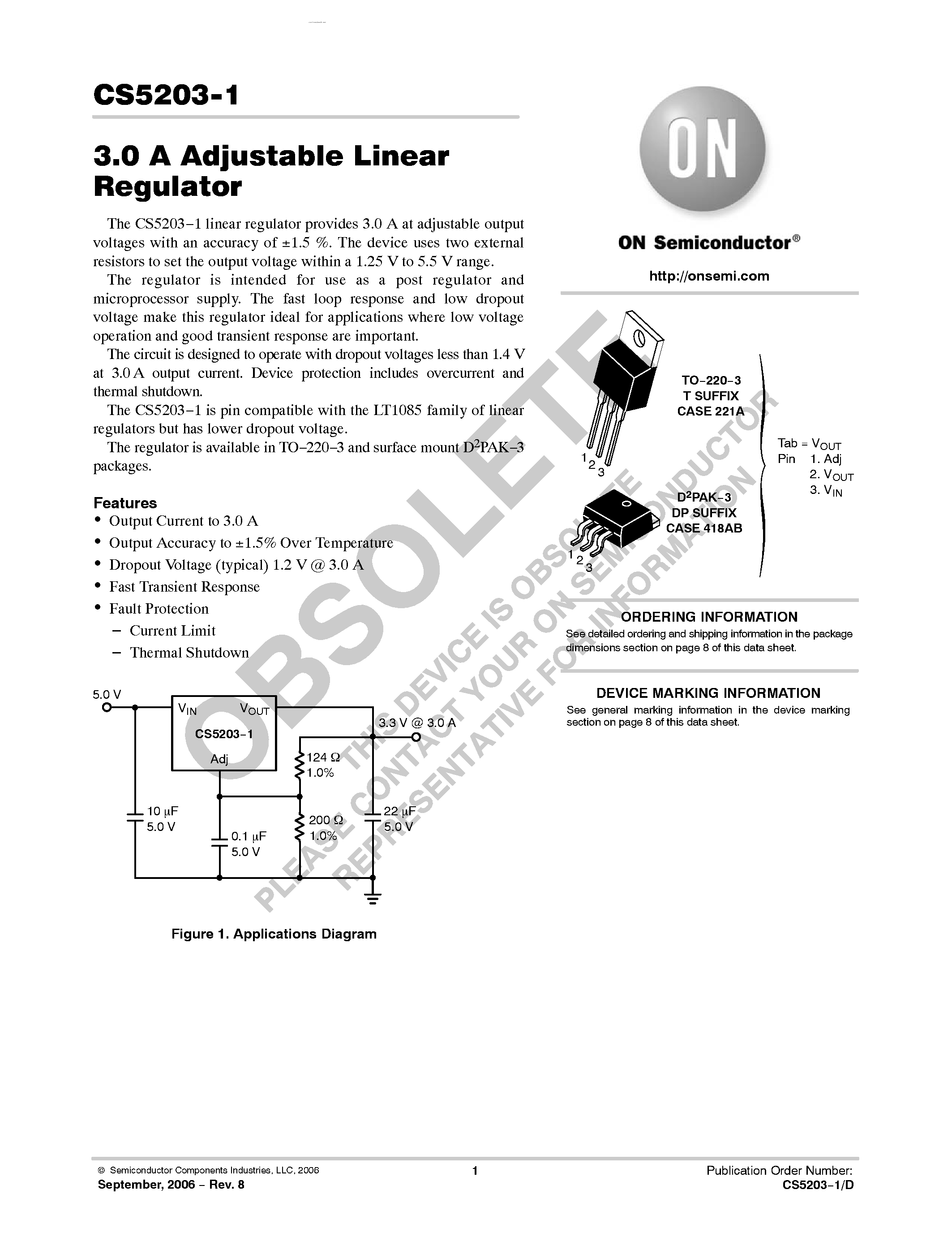 Datasheet CS5203-1 - 3.0 A Adjustable Linear Regulator page 1