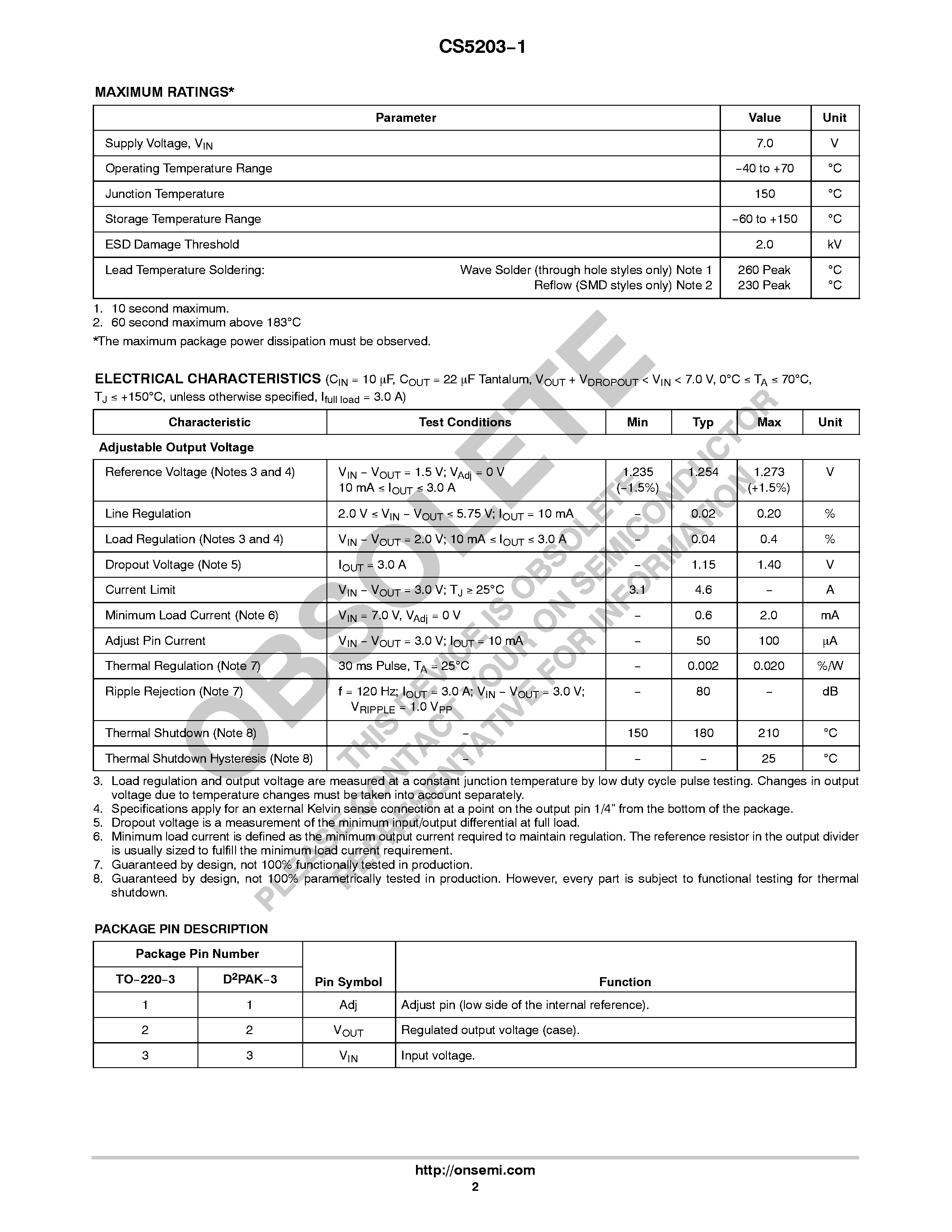 Datasheet CS5203-1 - 3.0 A Adjustable Linear Regulator page 2