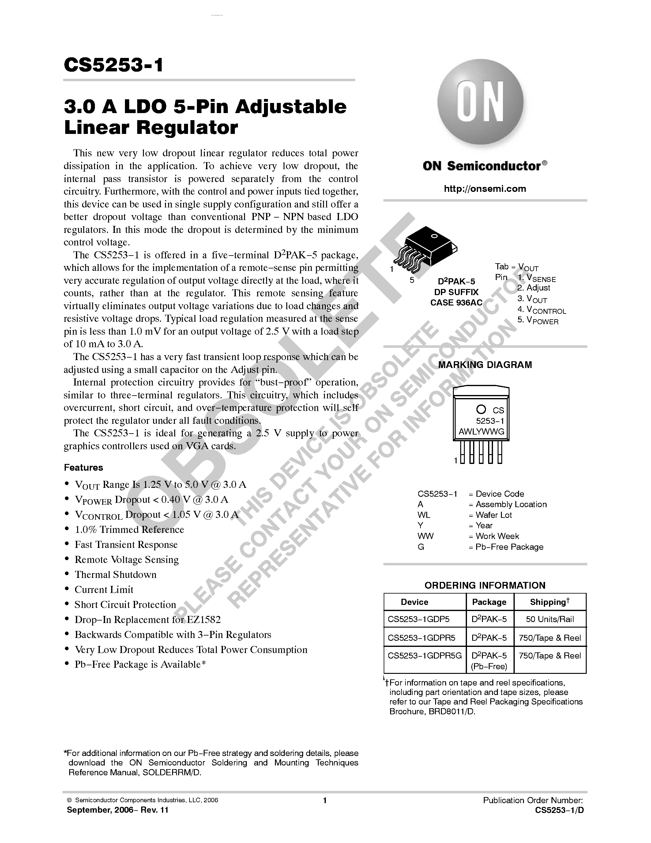 Datasheet CS5253-1 - LDO 5-Pin Adjustable Linear Regulator page 1