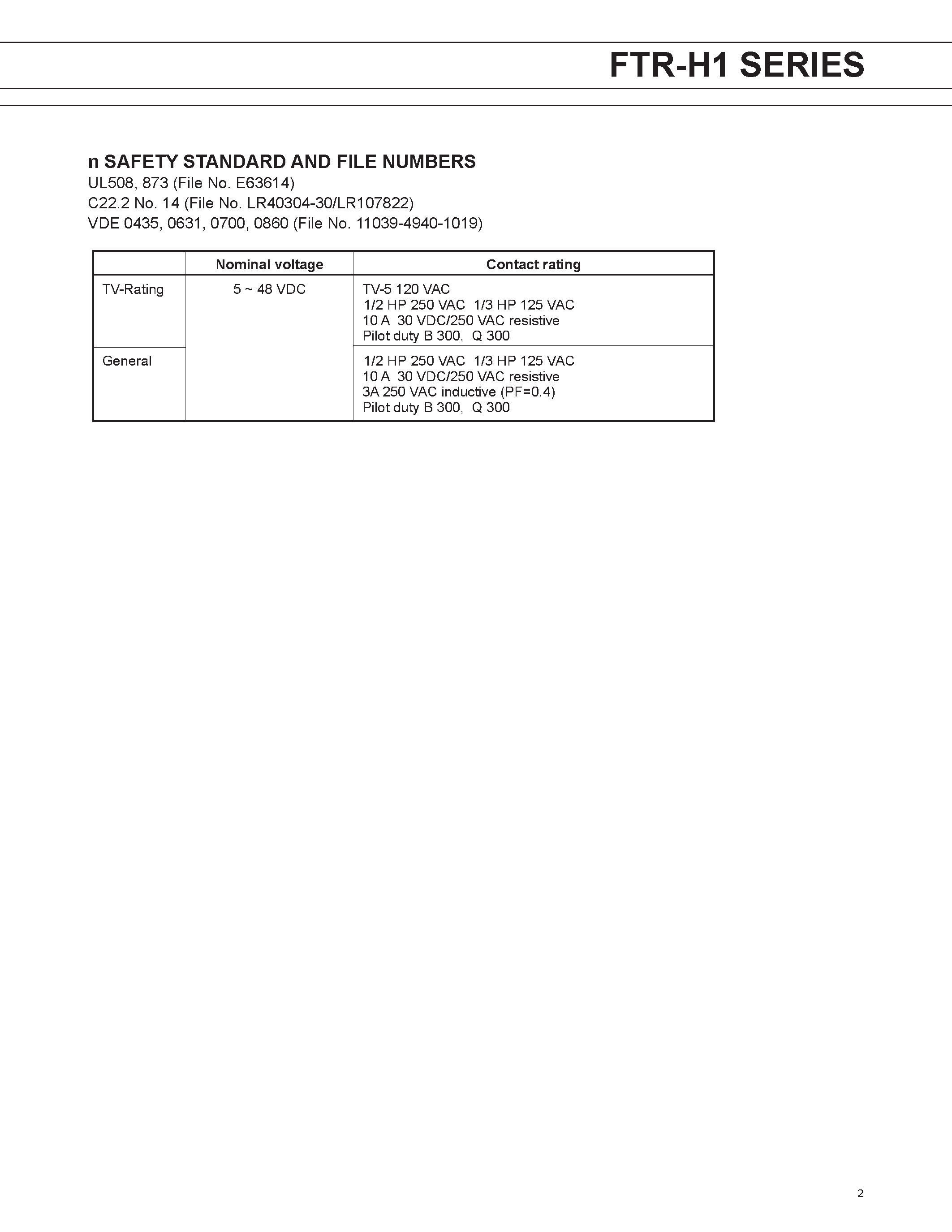 Datasheet FTR-H1 - POWER RELAY 1 POLE-10 A LOW PROFILE TYPE page 2