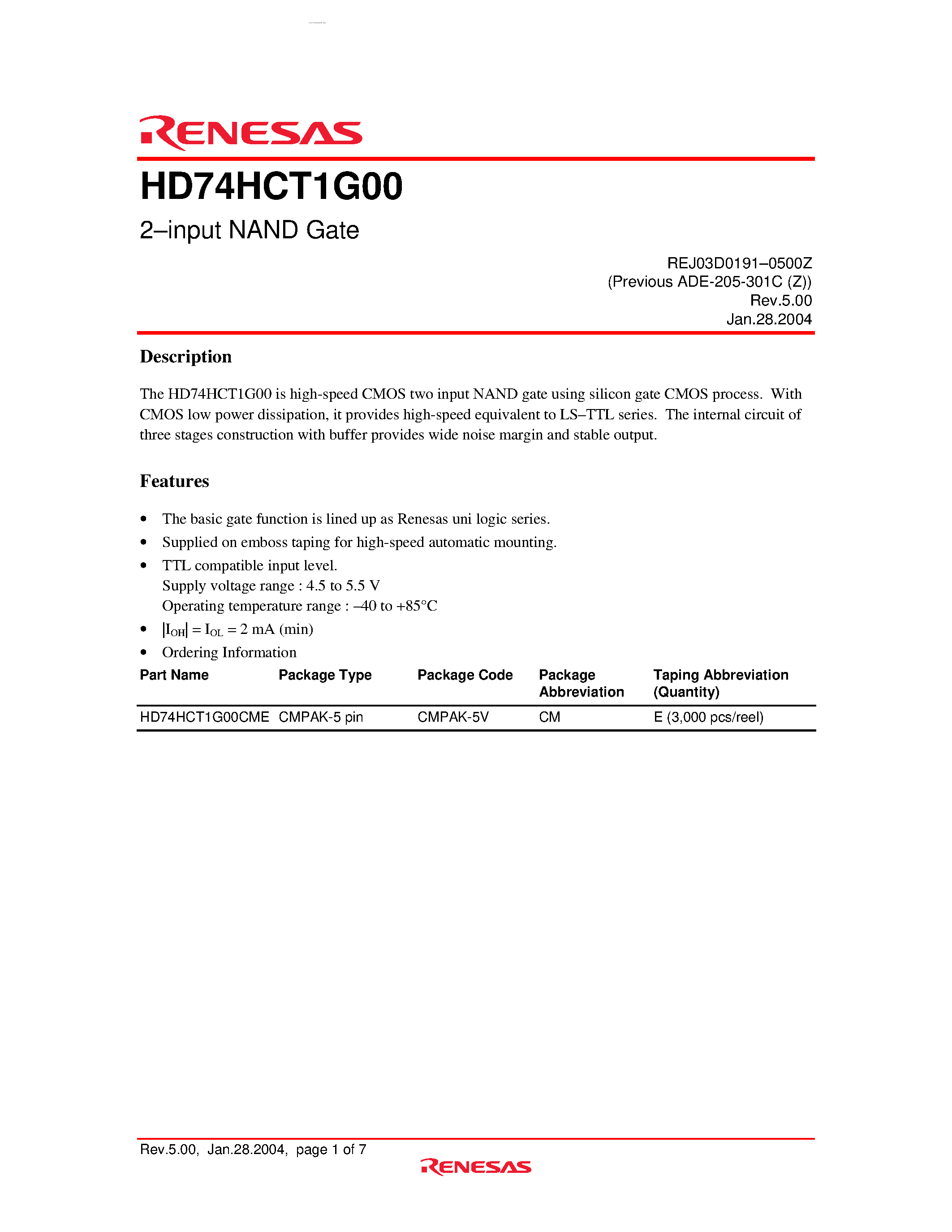 Даташит HD74HCT1G00 - 2-input NAND Gate страница 1