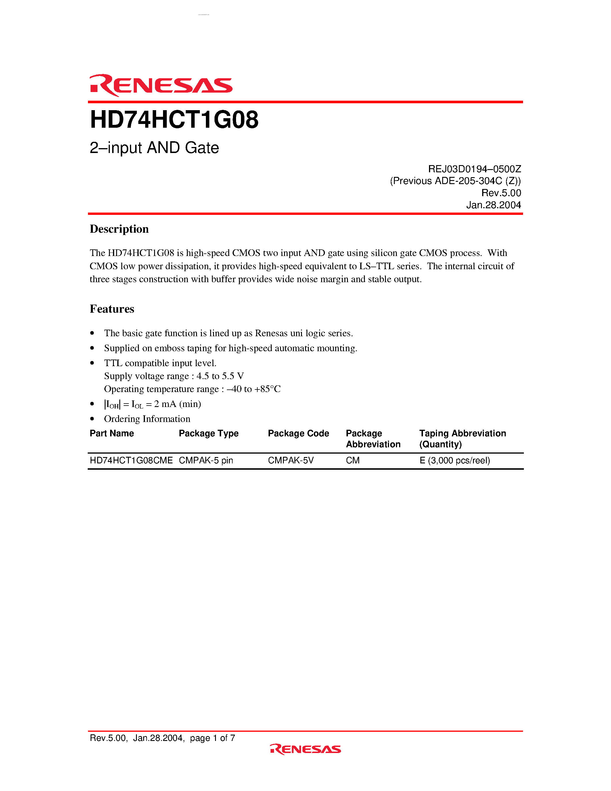 Даташит на микросхему HD74HCT1G08 страница 1 Даташит HD74HCT1G08 - 2-input AND Gate страница 1