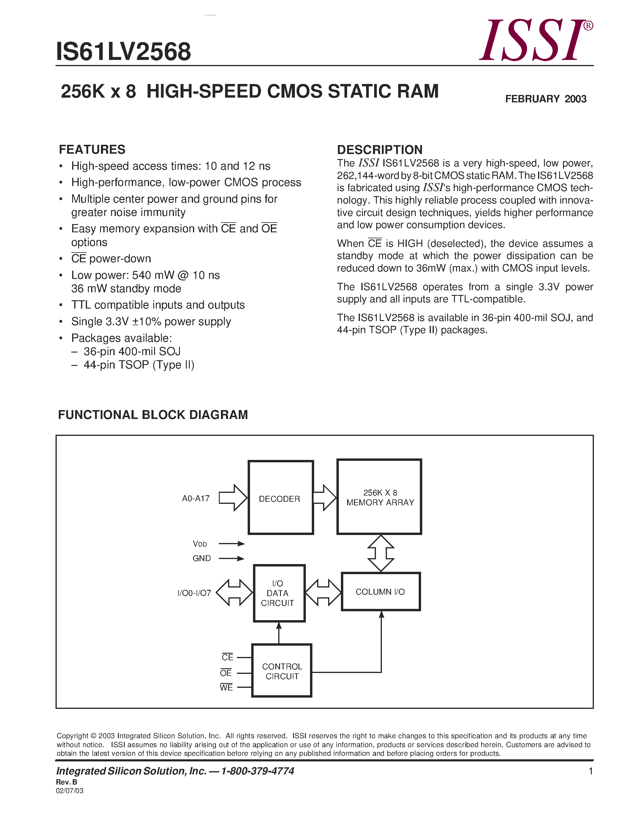 Даташит IS61LV2568 - 256K x 8 HIGH-SPEED CMOS STATIC RAM страница 1