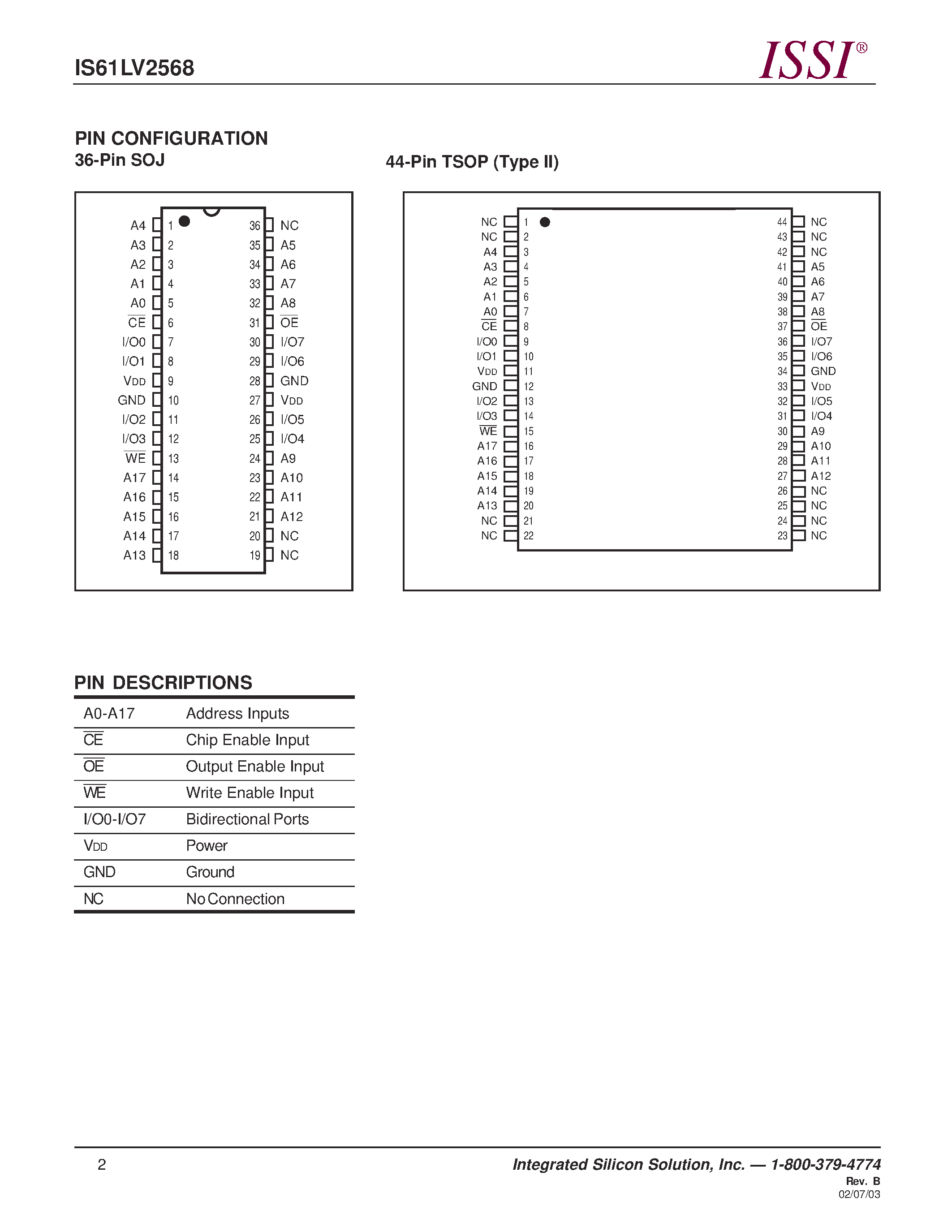 Даташит IS61LV2568 - 256K x 8 HIGH-SPEED CMOS STATIC RAM страница 2