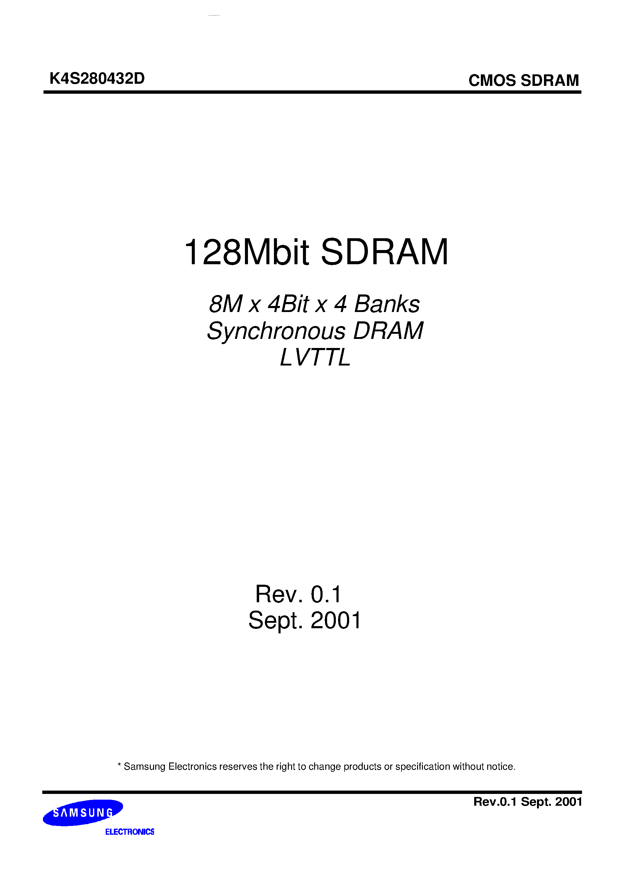 Datasheet K4S280432D - 128Mbit SDRAM 8M x 4Bit x 4 Banks Synchronous DRAM LVTTL page 1