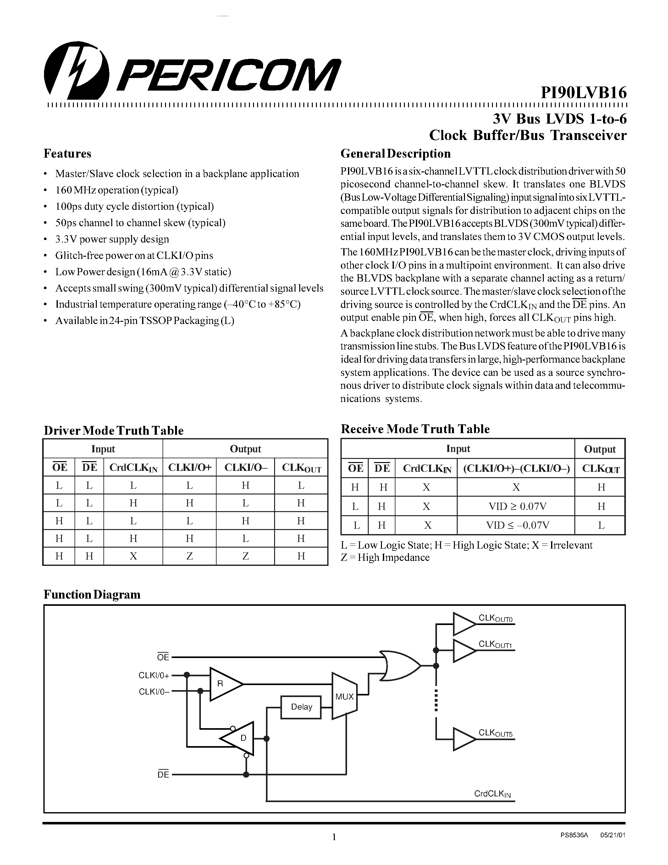 Datasheet PI90LVB16 - 3V Bus LVDS 1-to-6 Clock Buffer/Bus Transceiver page 1