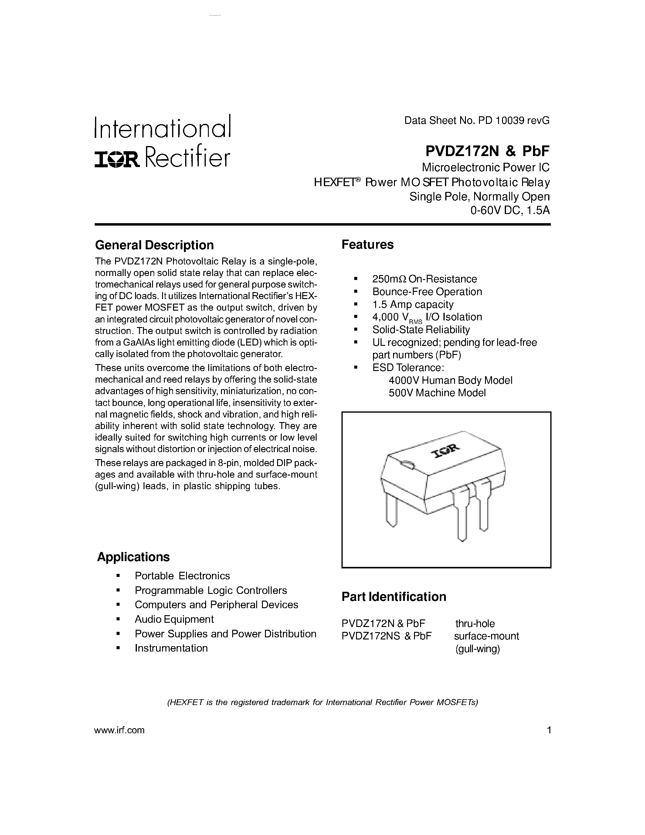 Datasheet PVDZ172NPBF - Microelectronic Power IC HEXFET Power MOSFET Photovoltaic Relay Single Pole page 1