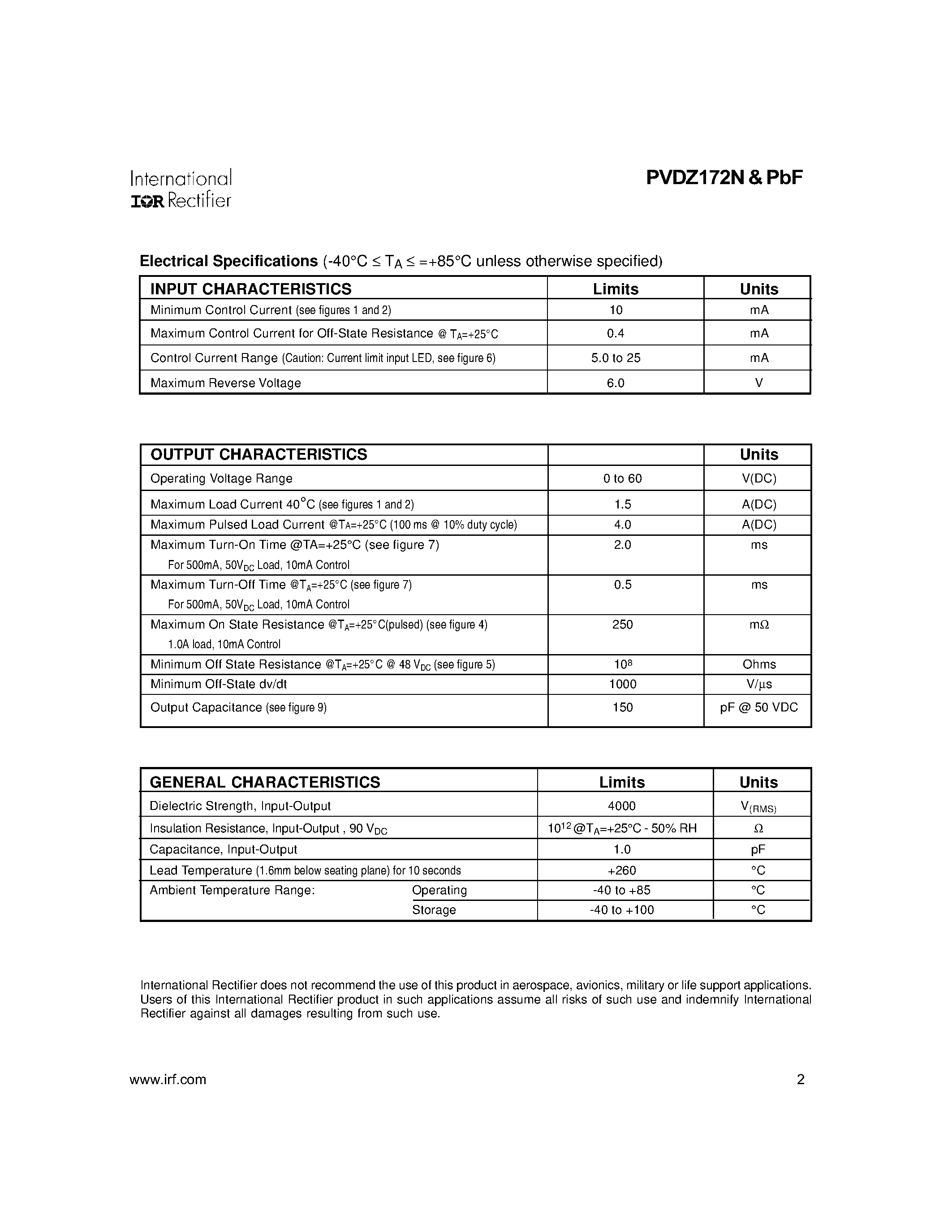 Datasheet PVDZ172NPBF - Microelectronic Power IC HEXFET Power MOSFET Photovoltaic Relay Single Pole page 2
