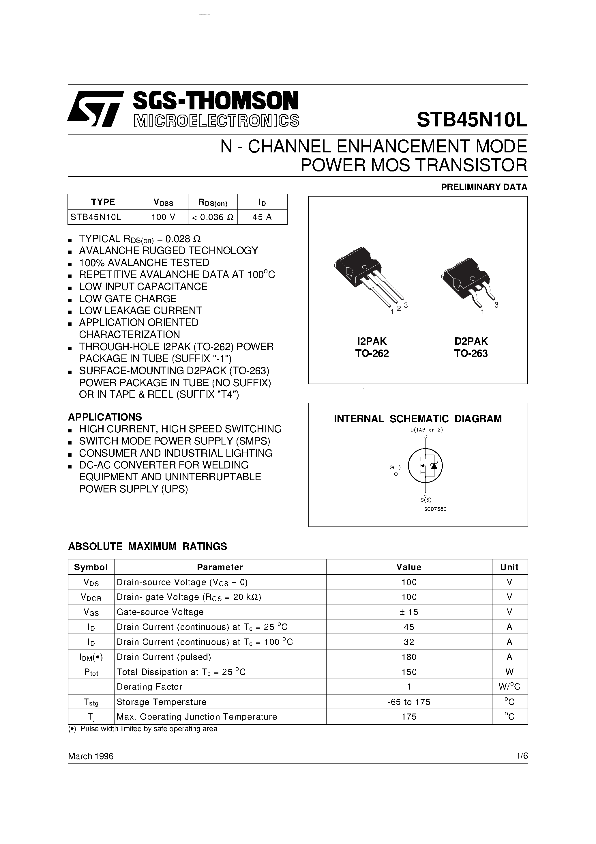 Datasheet STB45N10L - N-CHANNEL ENHANCEMENT MODE POWER MOS TRANSISTOR page 1